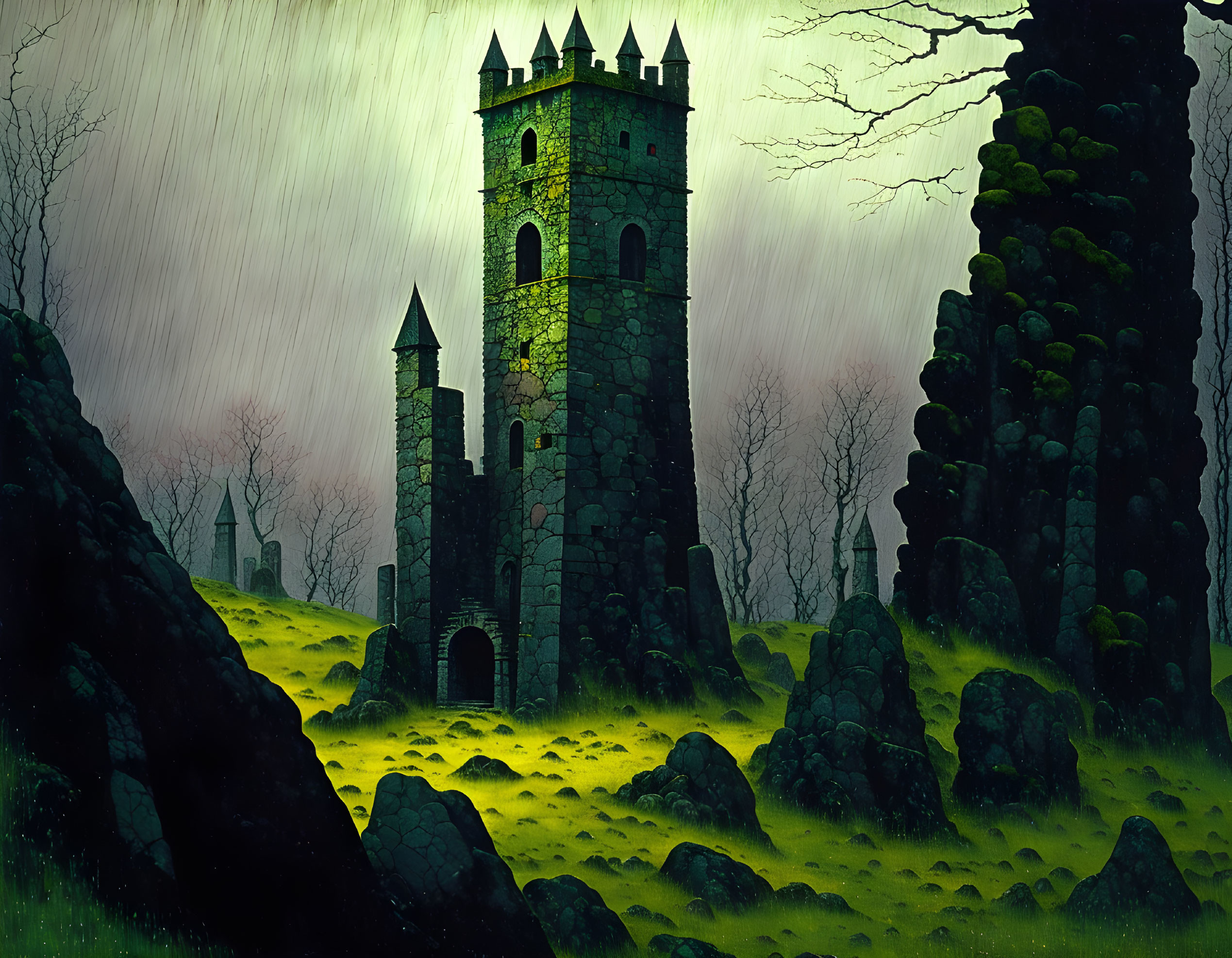 Gothic stone tower in gloomy landscape with bare trees and mossy rocks