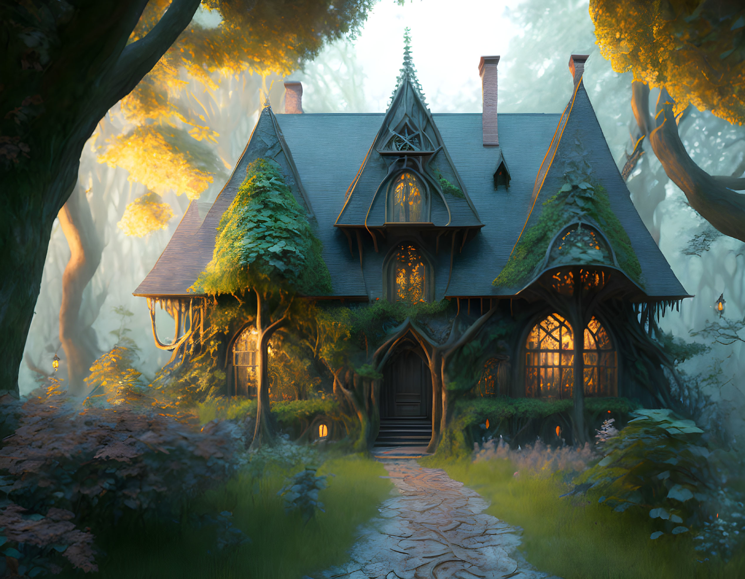 Mystical forest setting with fairytale cottage and lush greenery