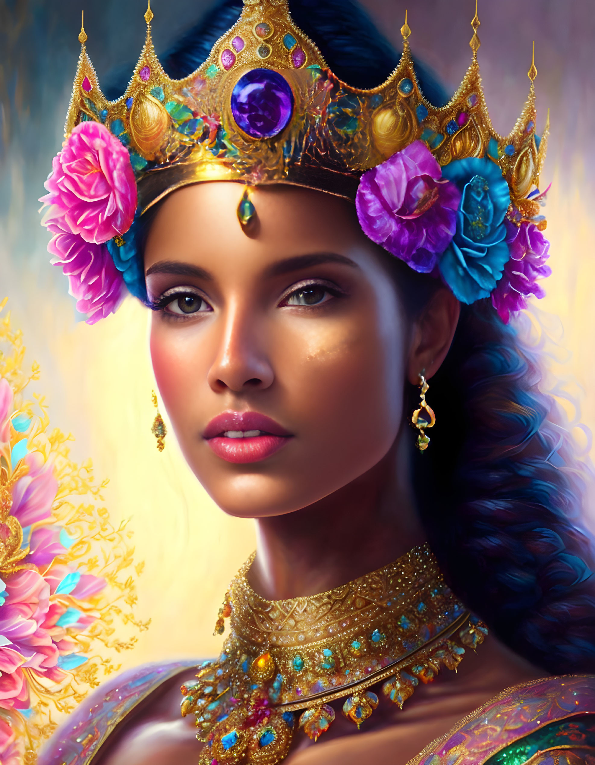 Regal woman with jeweled crown and gold accessories among vibrant flowers on soft backdrop