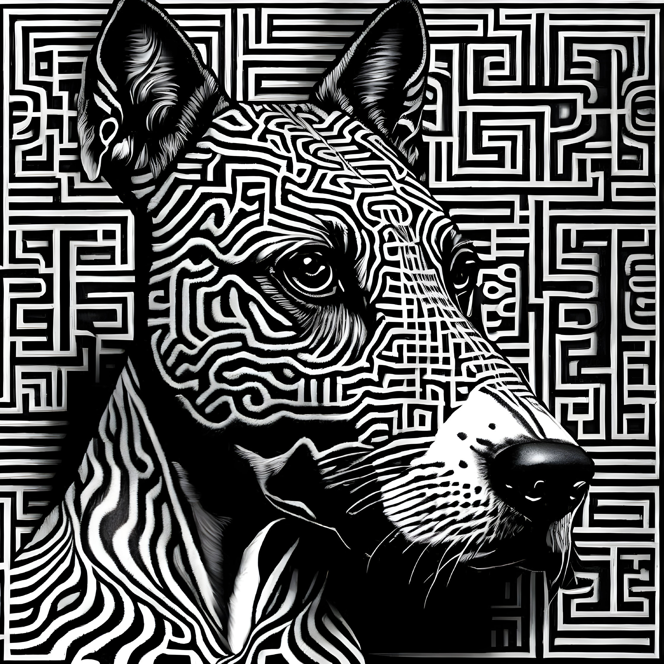 Monochrome graphic illustration of a dog with maze patterns