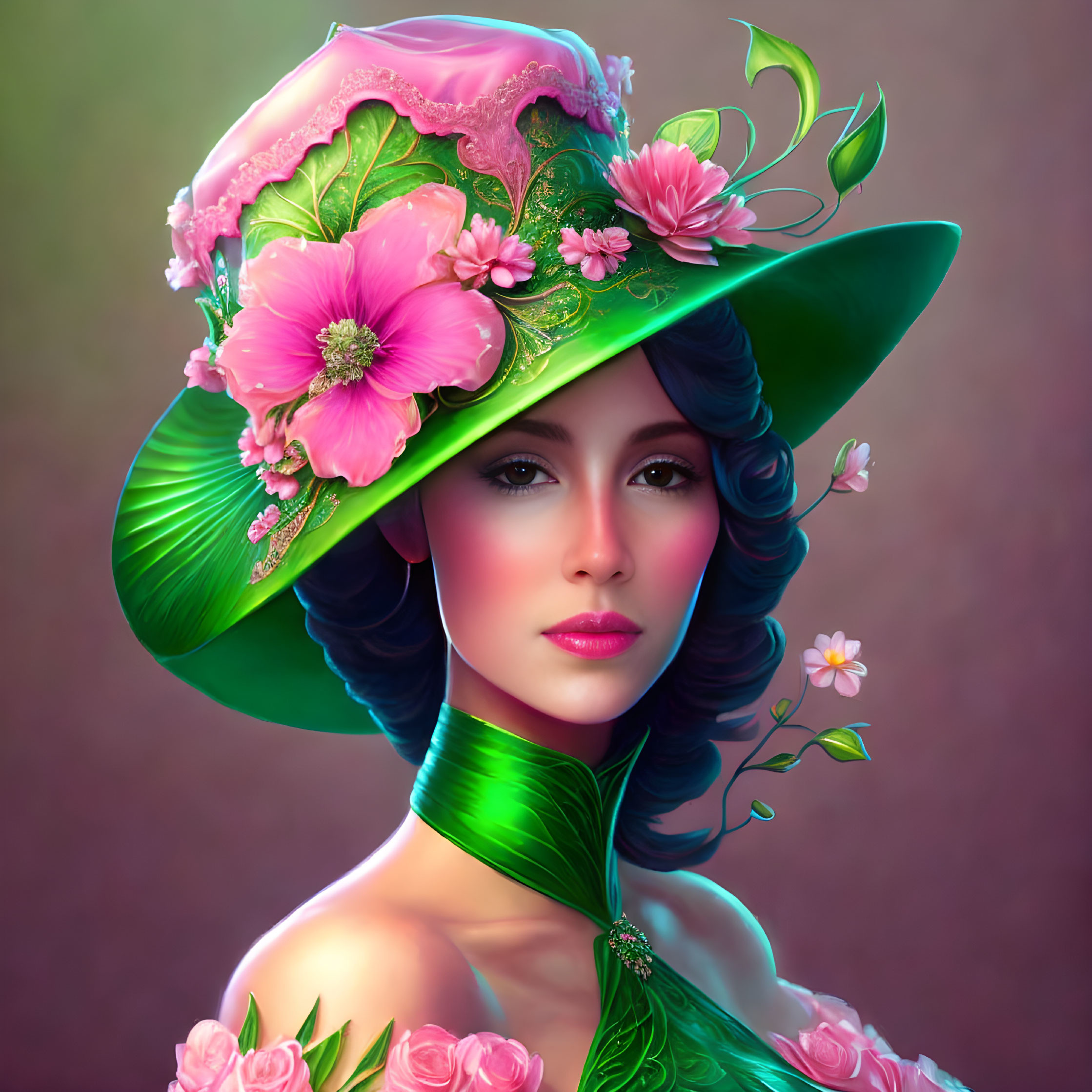 Illustrated woman in whimsical green hat with pink flowers and leaves, choker, contemplative expression