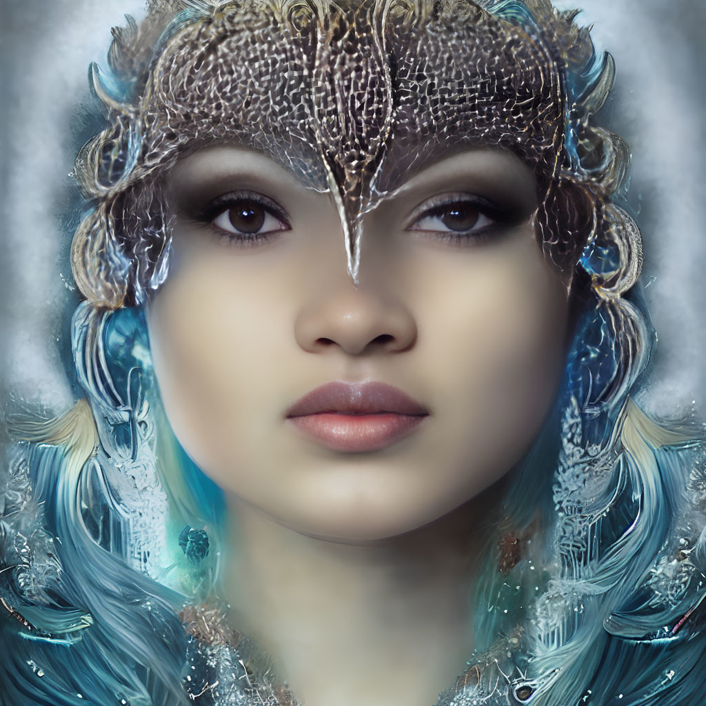 Woman's portrait with fantasy headdress in frost and feather theme, serene expression in cool blue tones