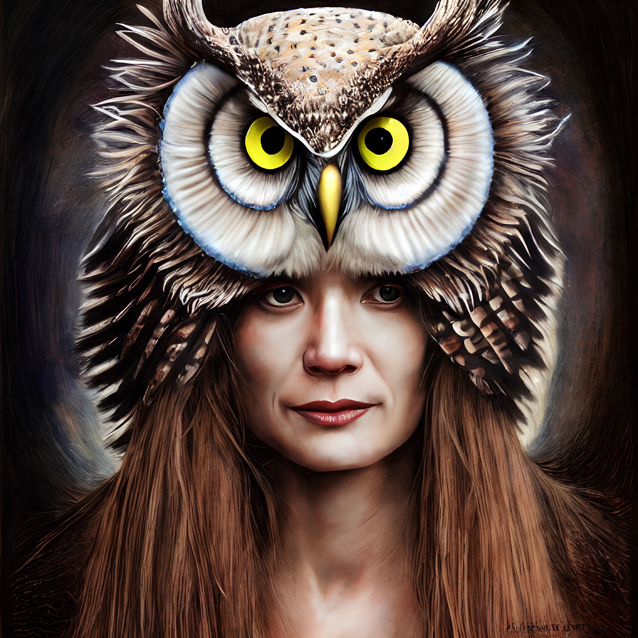 Woman wearing owl headpiece with yellow eyes and feathers.