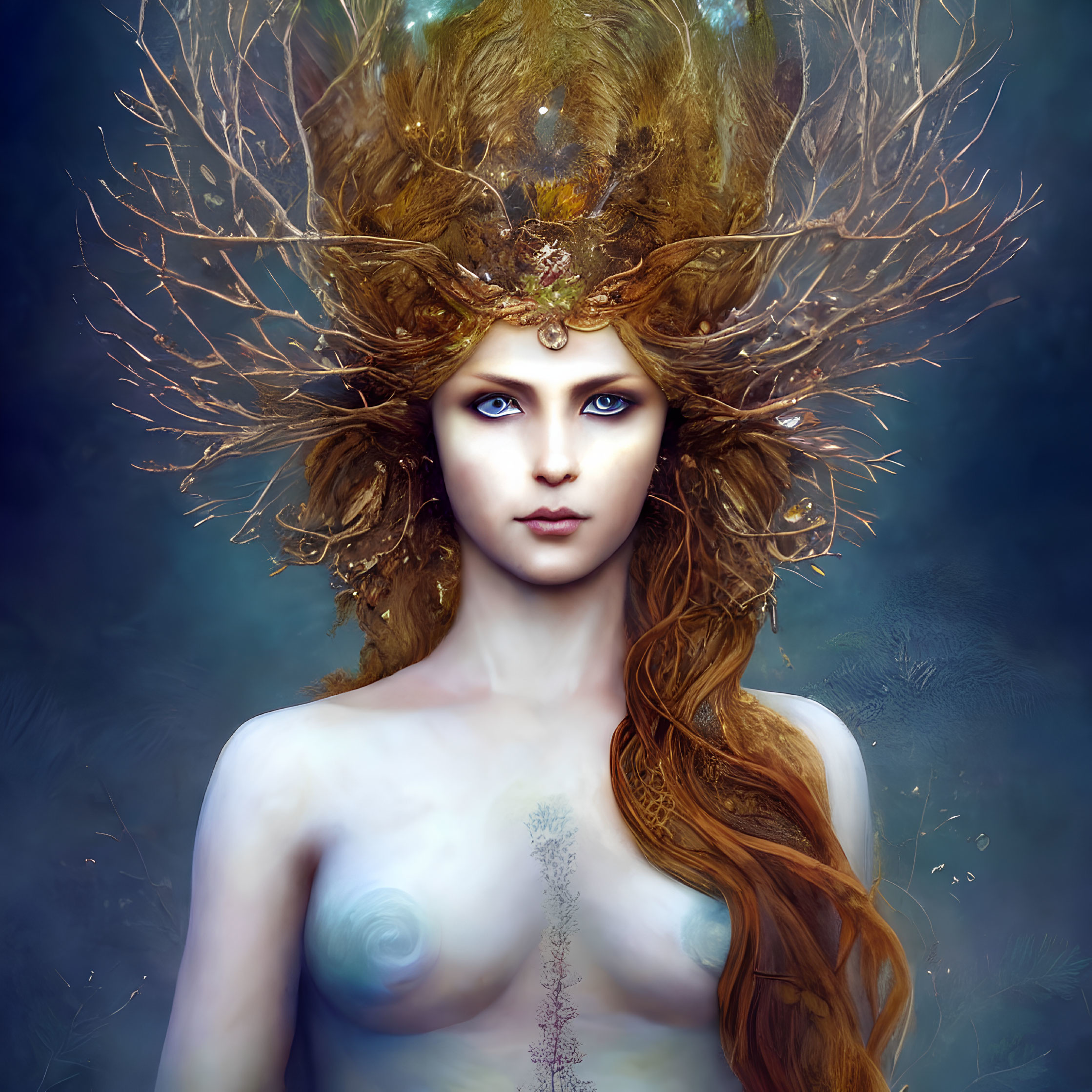 Mystical woman with tree branch headpiece and blue body paint on misty background