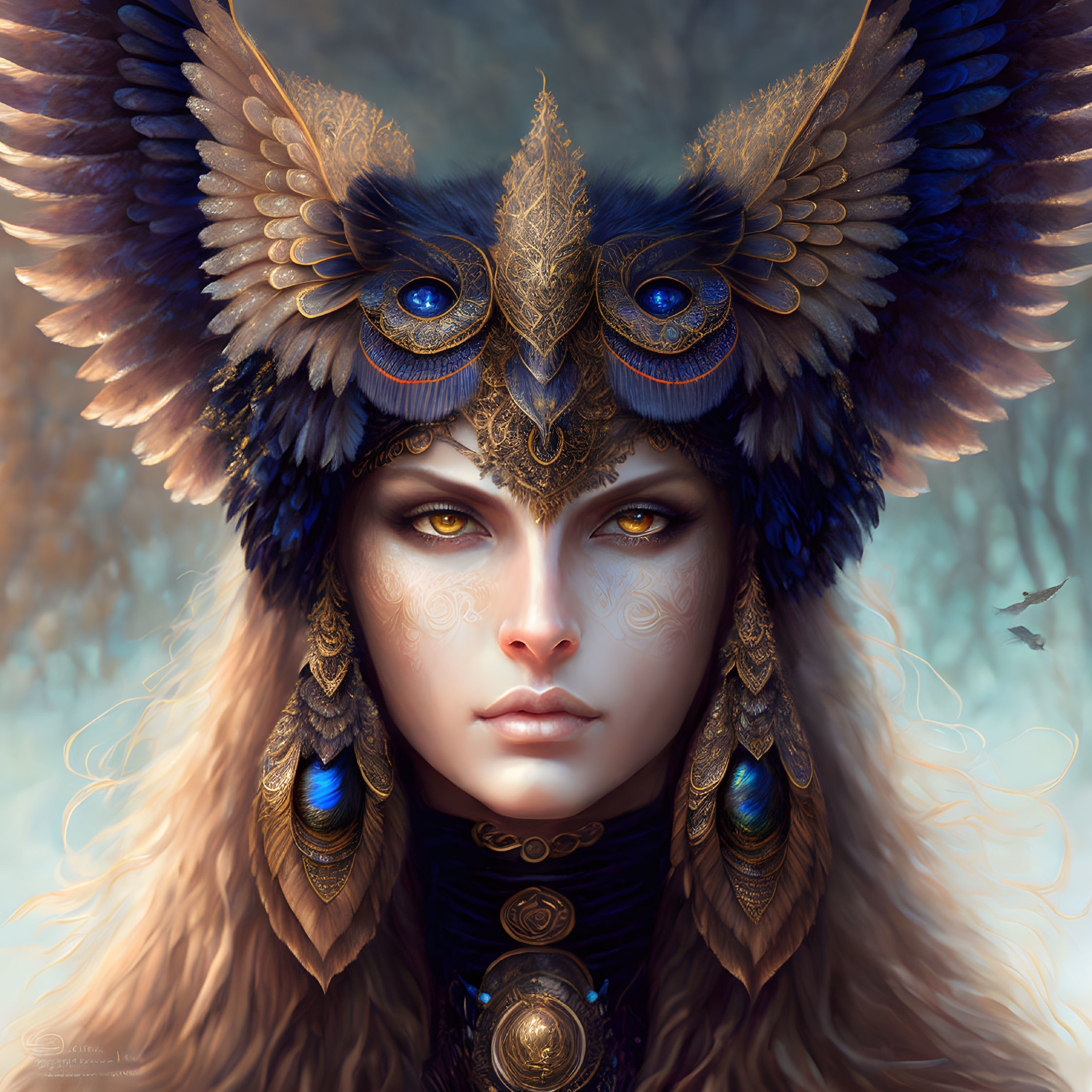 Golden-eyed figure in elaborate feathered headdress with blue accents and gold jewelry