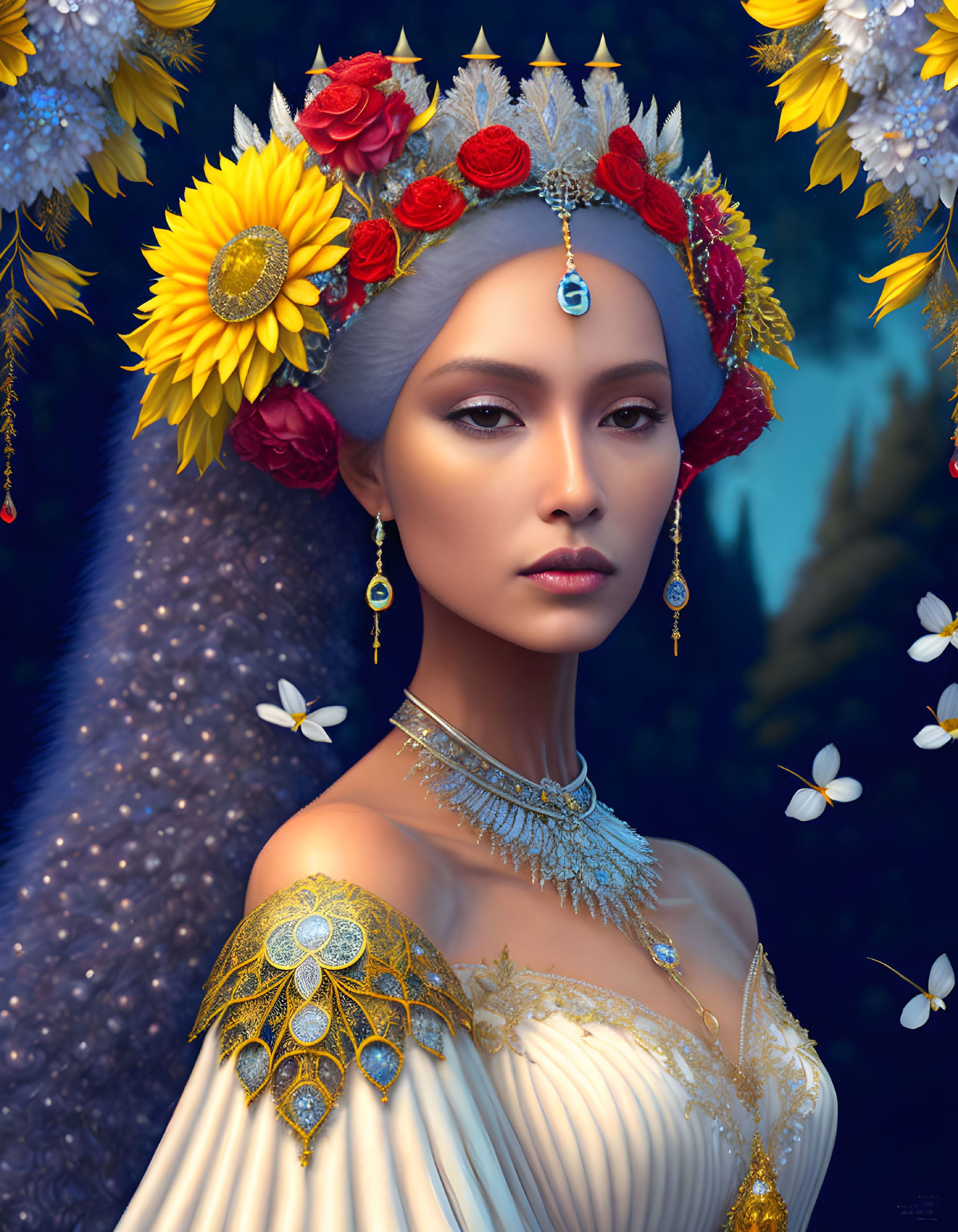 Regal woman with floral crown and jewelry in twilight setting