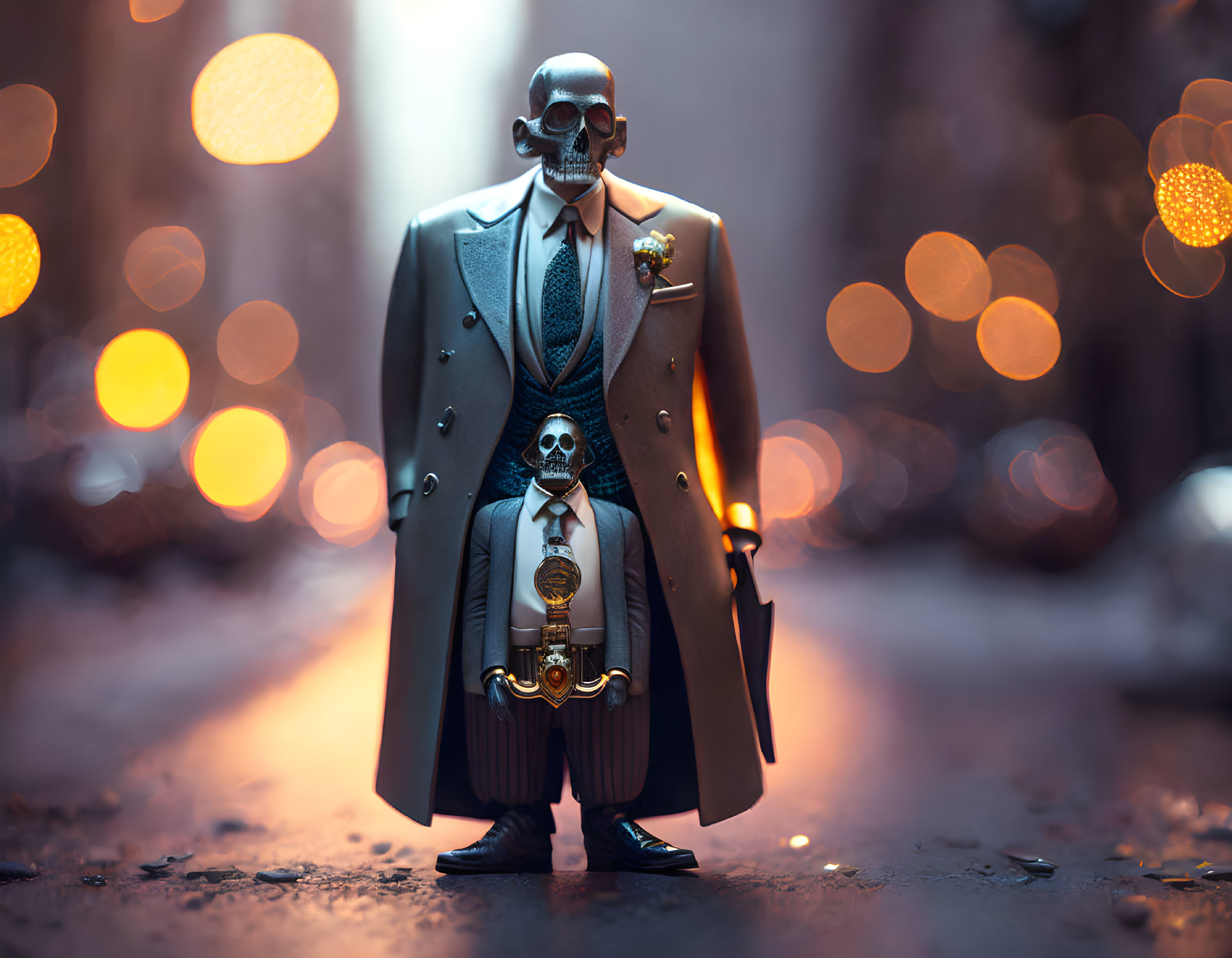 Skull-headed figurine in elegant suit with cane, soft glowing lights