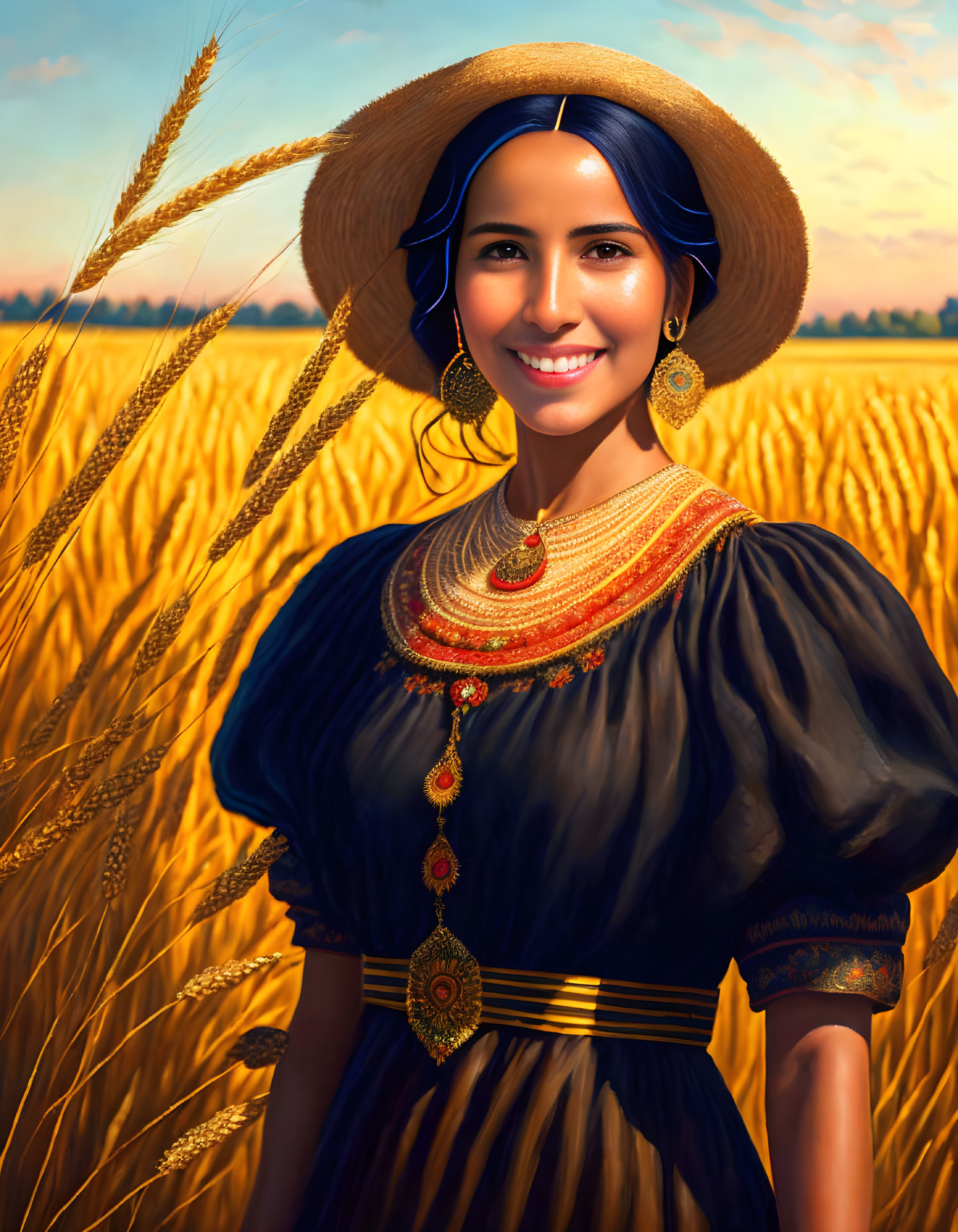 Traditional attire woman with blue hat in golden wheat field wearing gold jewelry