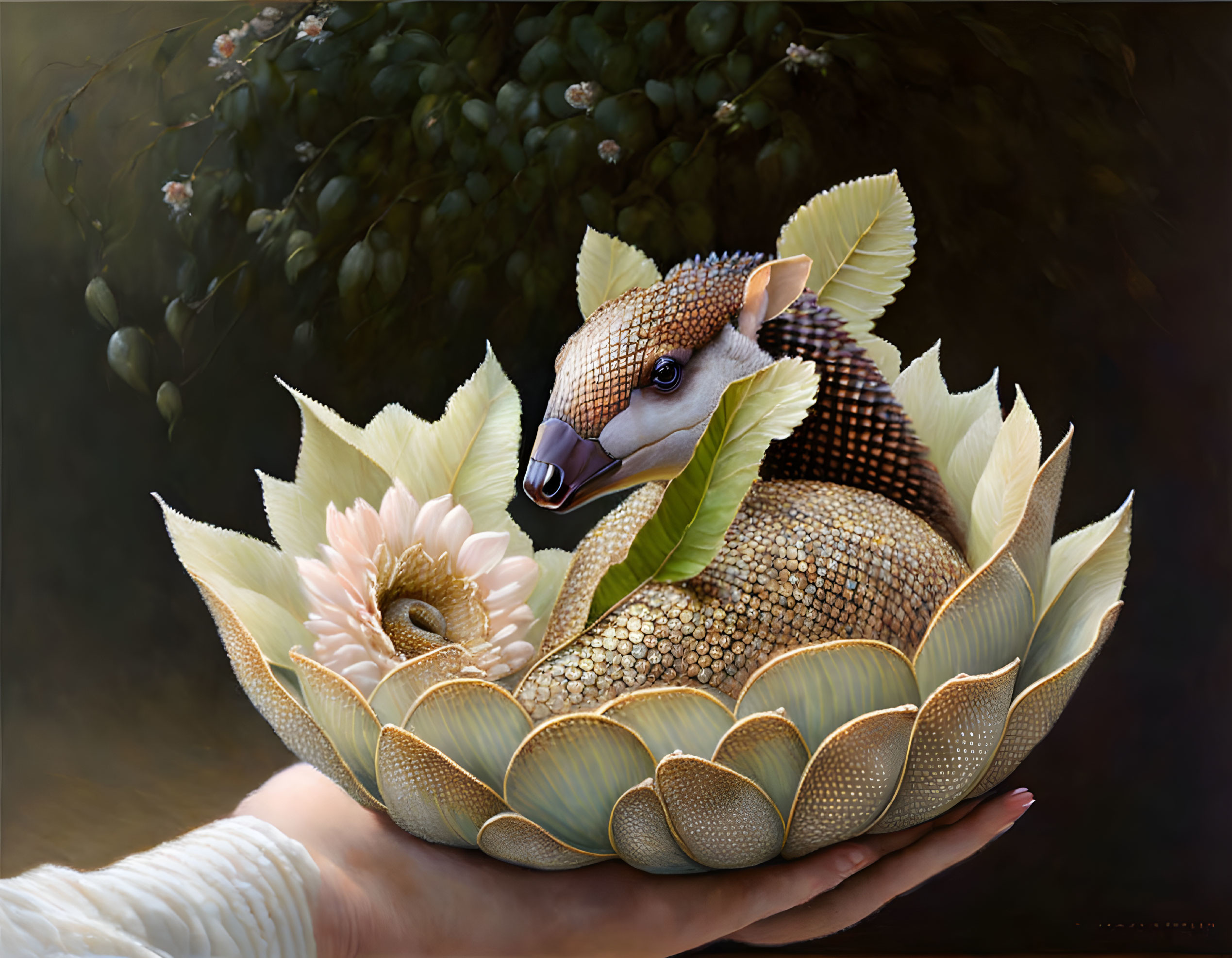 Armadillo Curled Up in Flower with Human Hand and Serene Background