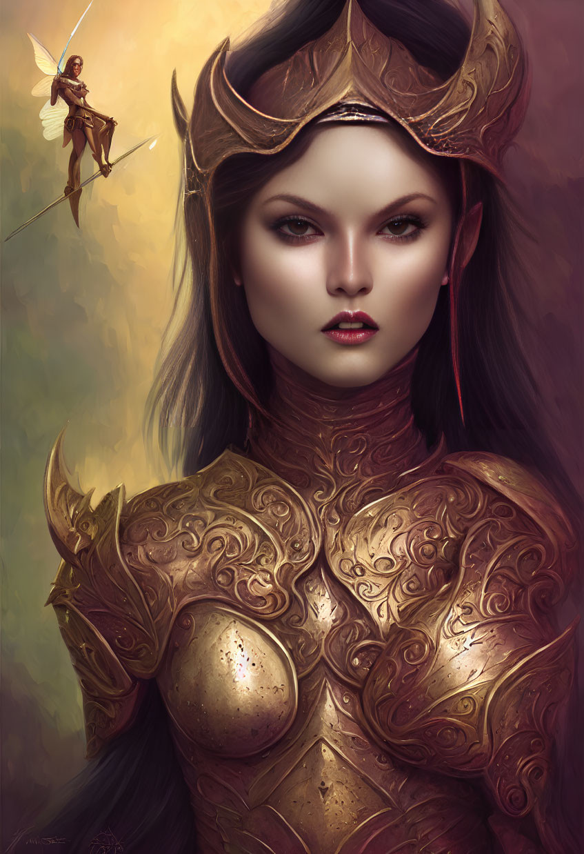 Regal woman in golden armor with elaborate helmet in digital fantasy painting