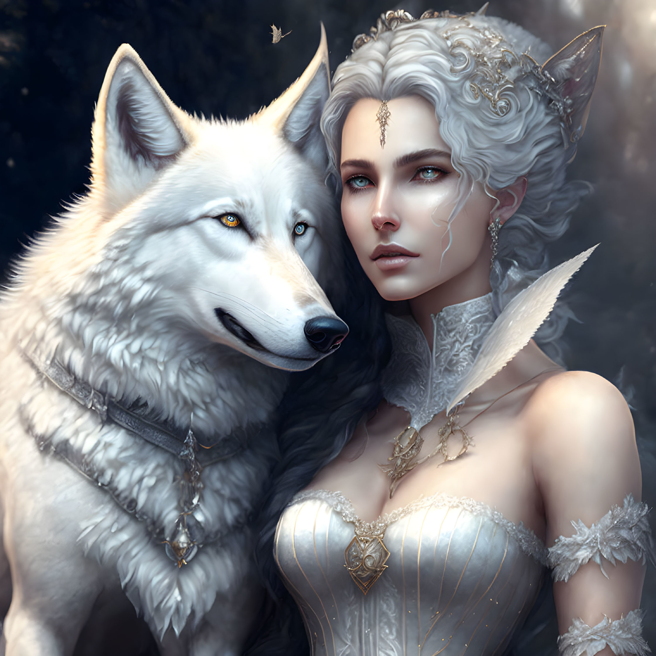 Majestic woman in white attire with mystical wolf companion