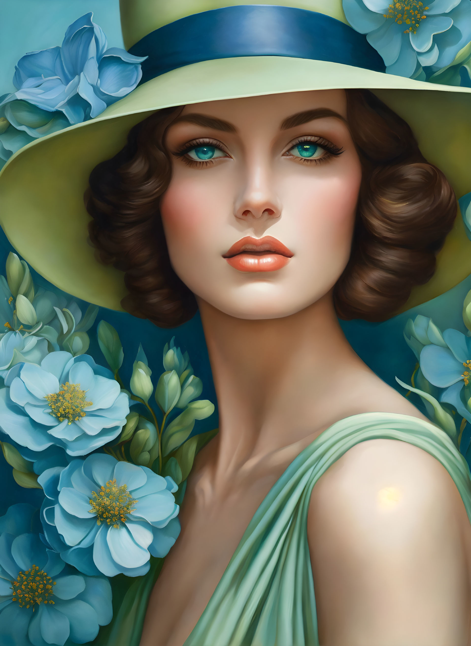 Digital portrait of woman with wavy hair in wide-brimmed hat and green shawl