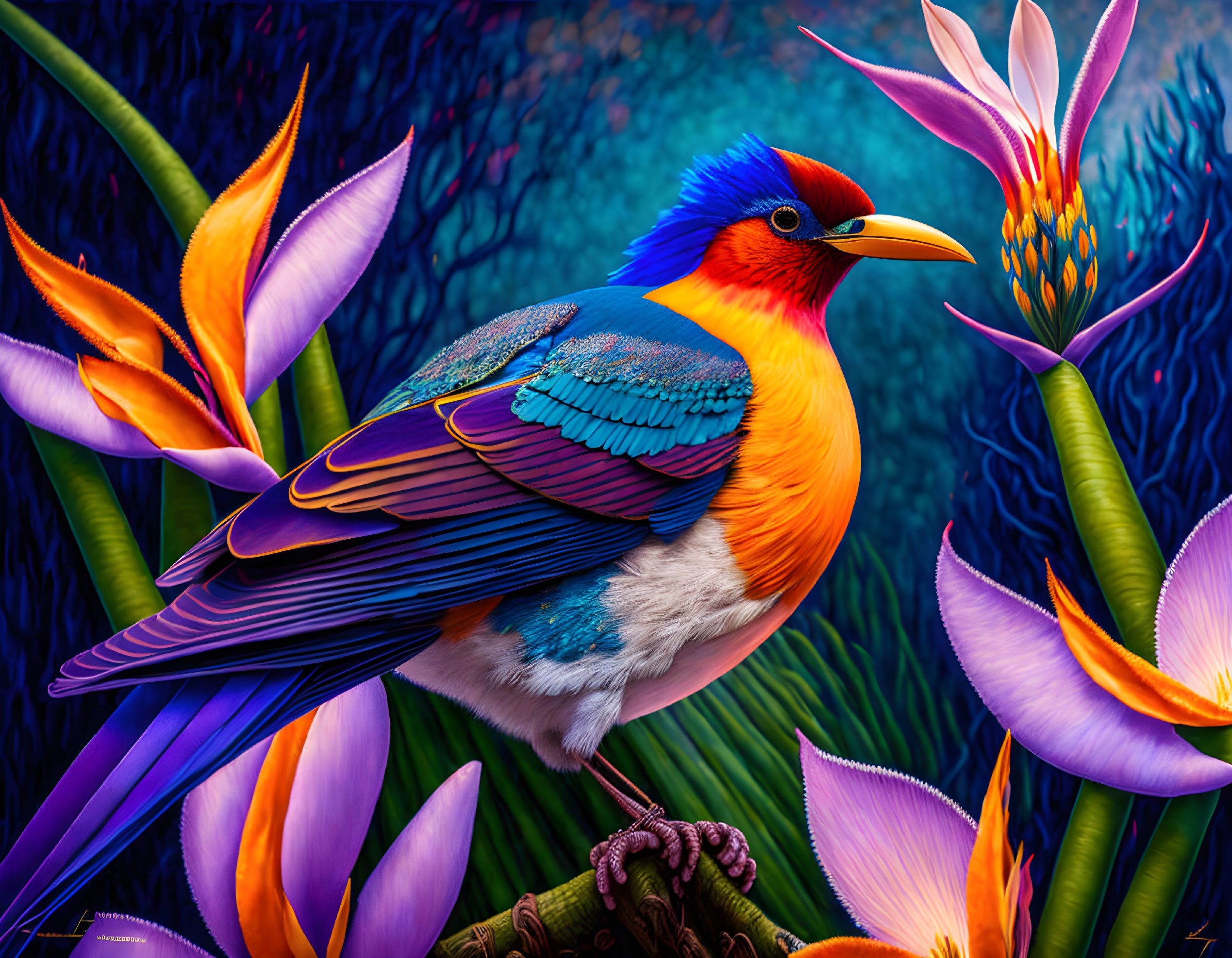 Colorful Bird Illustration Among Exotic Flowers on Blue Background