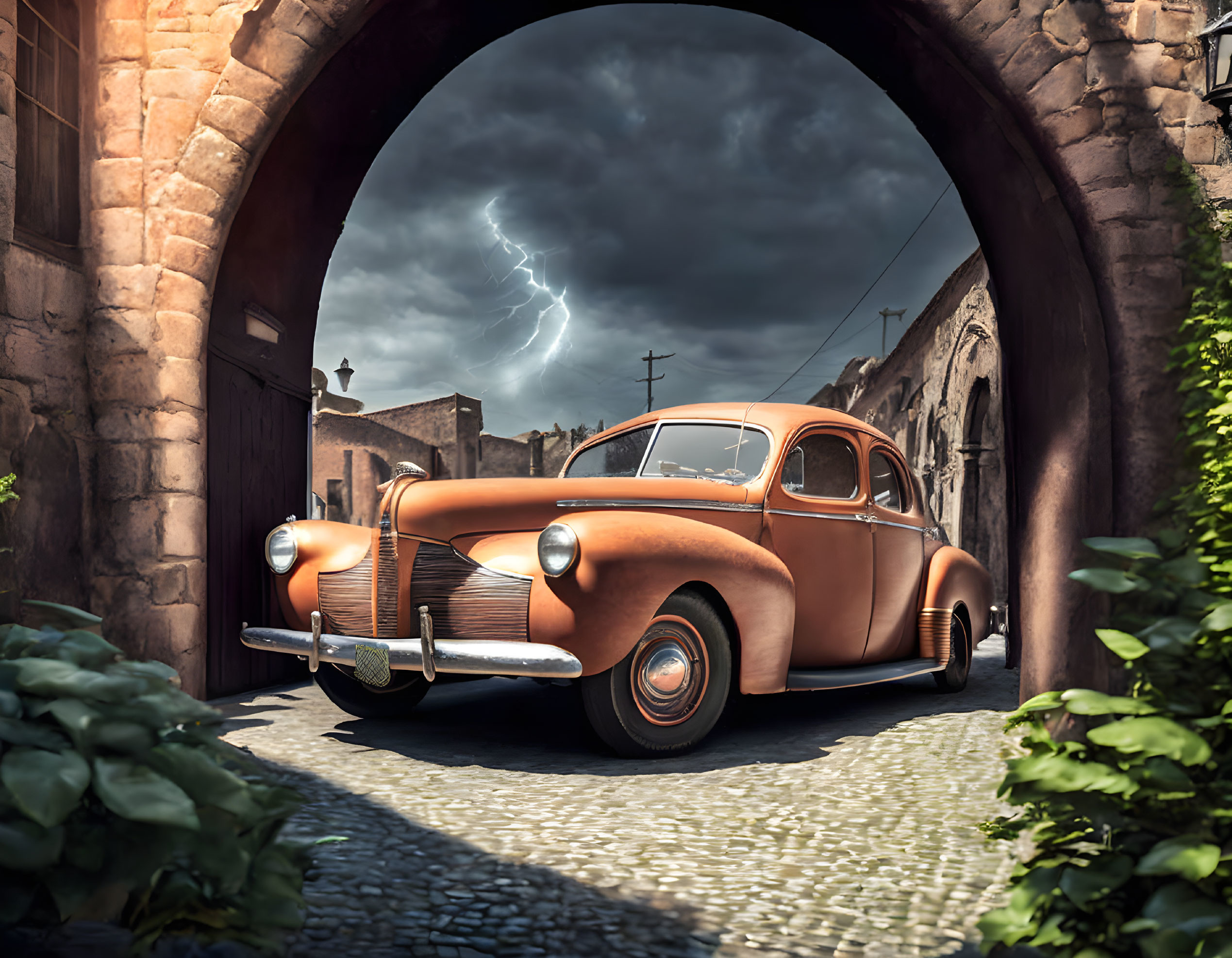 Classic Car Parked in Cobblestone Alley Under Stormy Sky