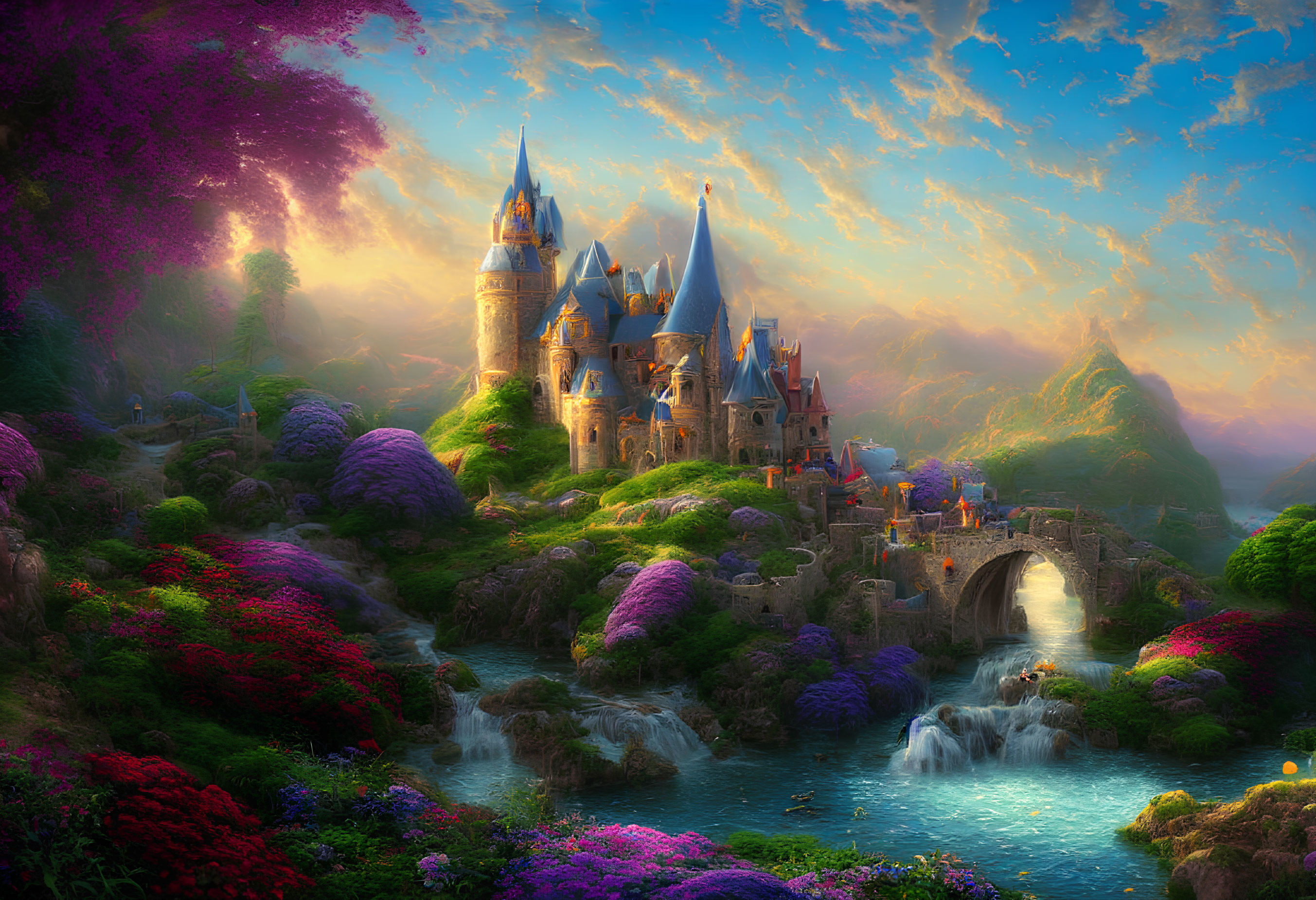 Fantastical castle in lush hills with waterfalls and stone bridge under warm sunset