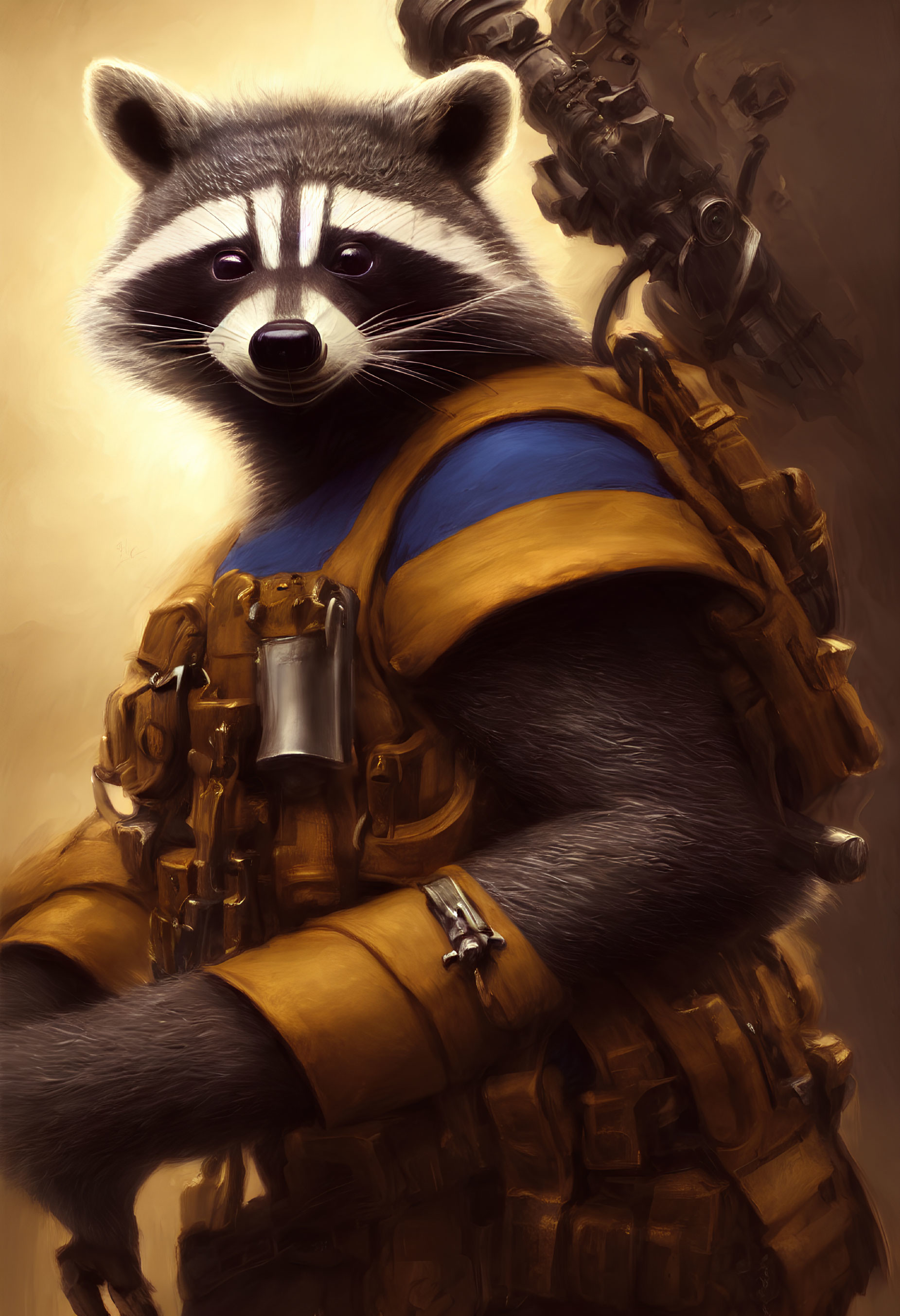 Yellow Spacesuit Anthropomorphic Raccoon with Weapon on Back