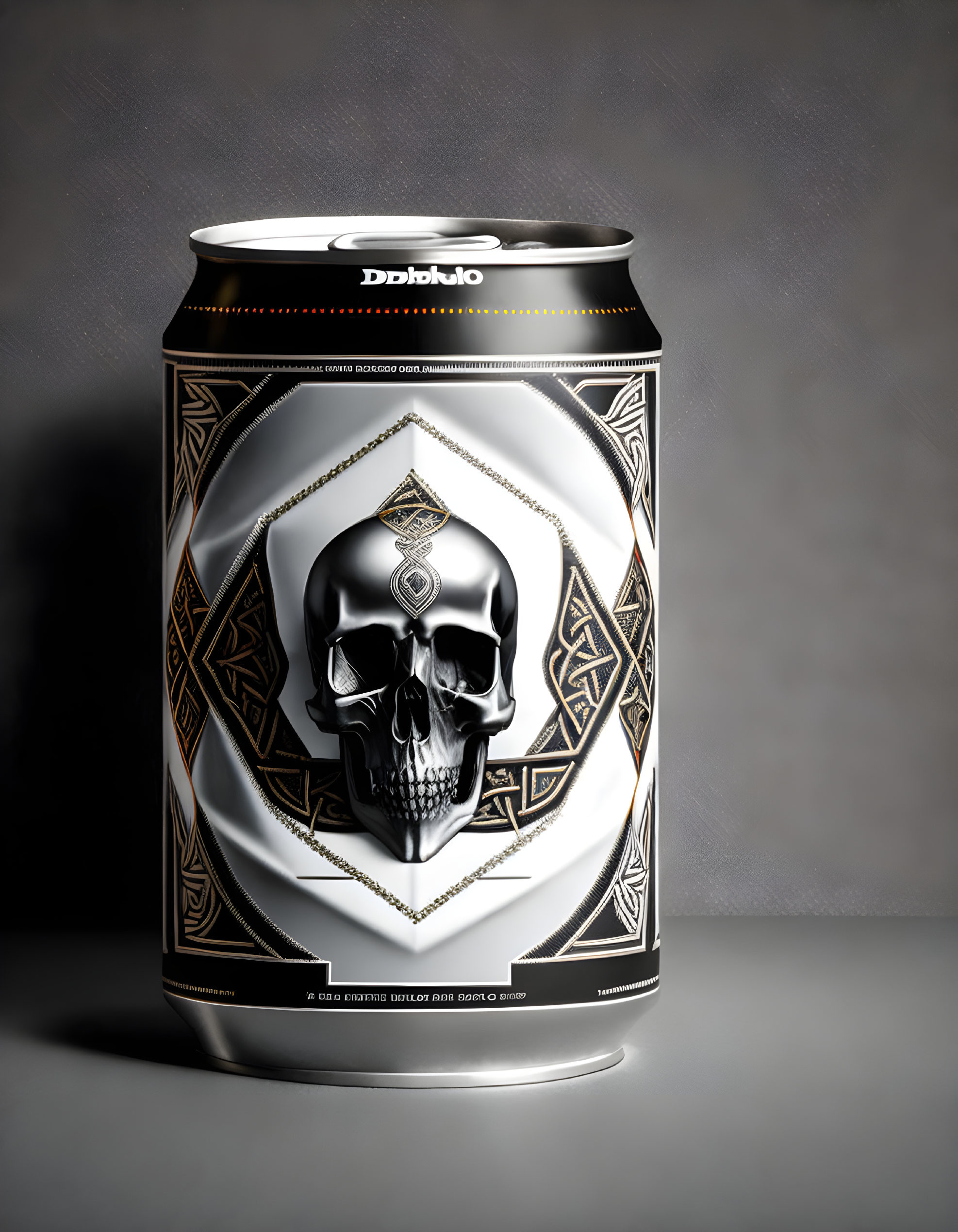 Monochrome skull in geometric patterns on can with "Diablo" word