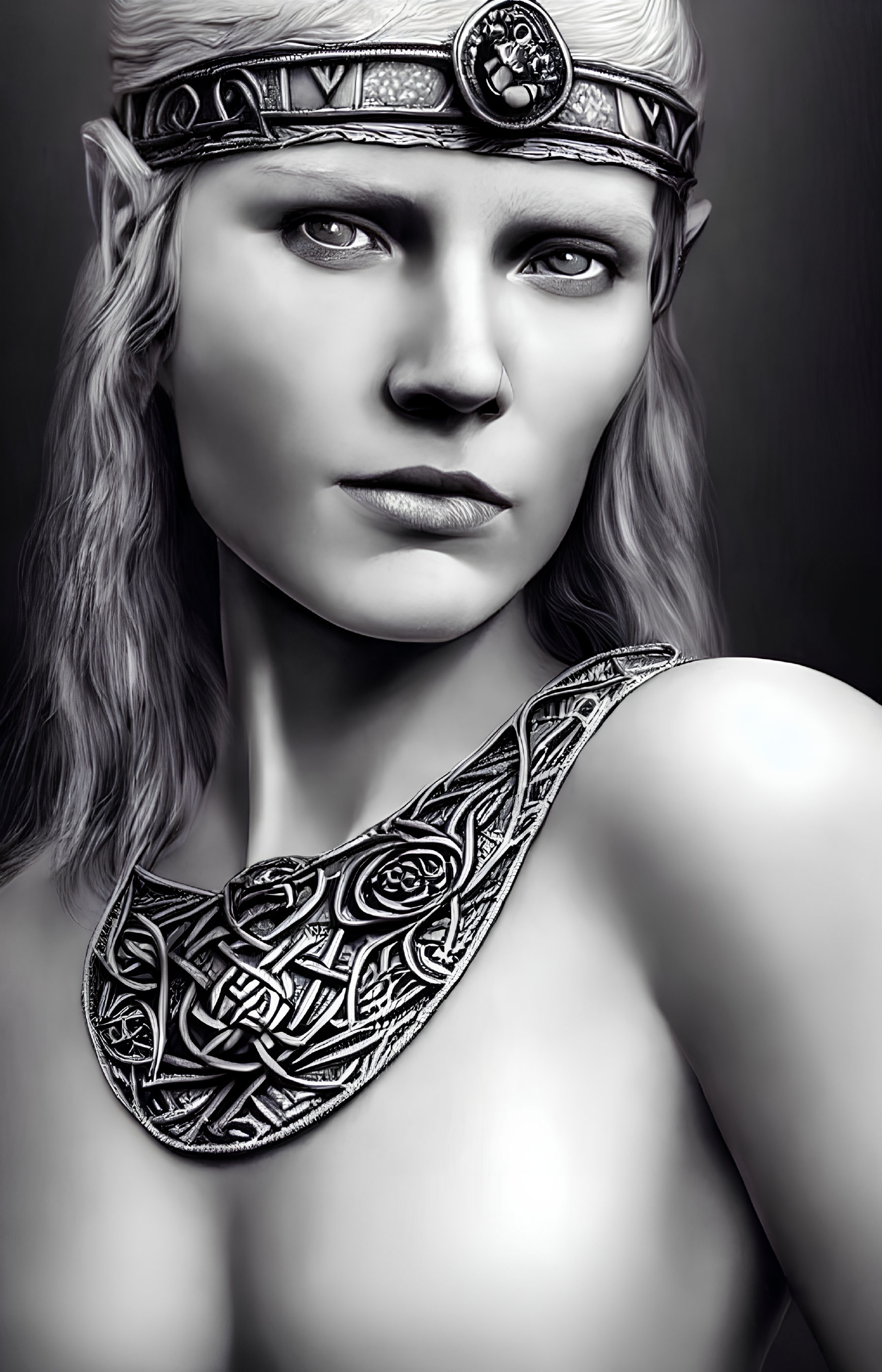 Monochromatic image of woman with braided hair and Celtic-inspired accessories.