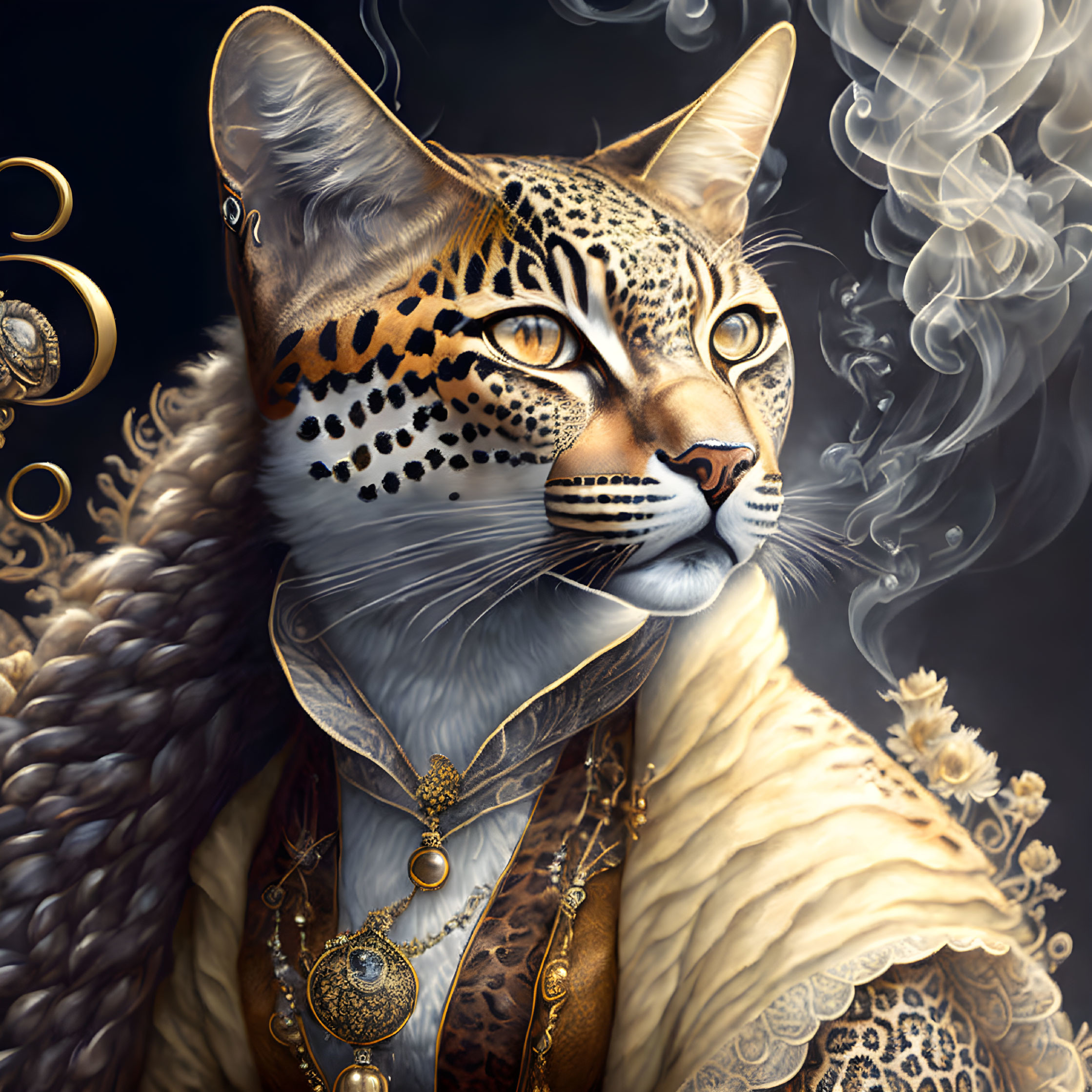 Regal feline illustration with elegant jewelry and cloak