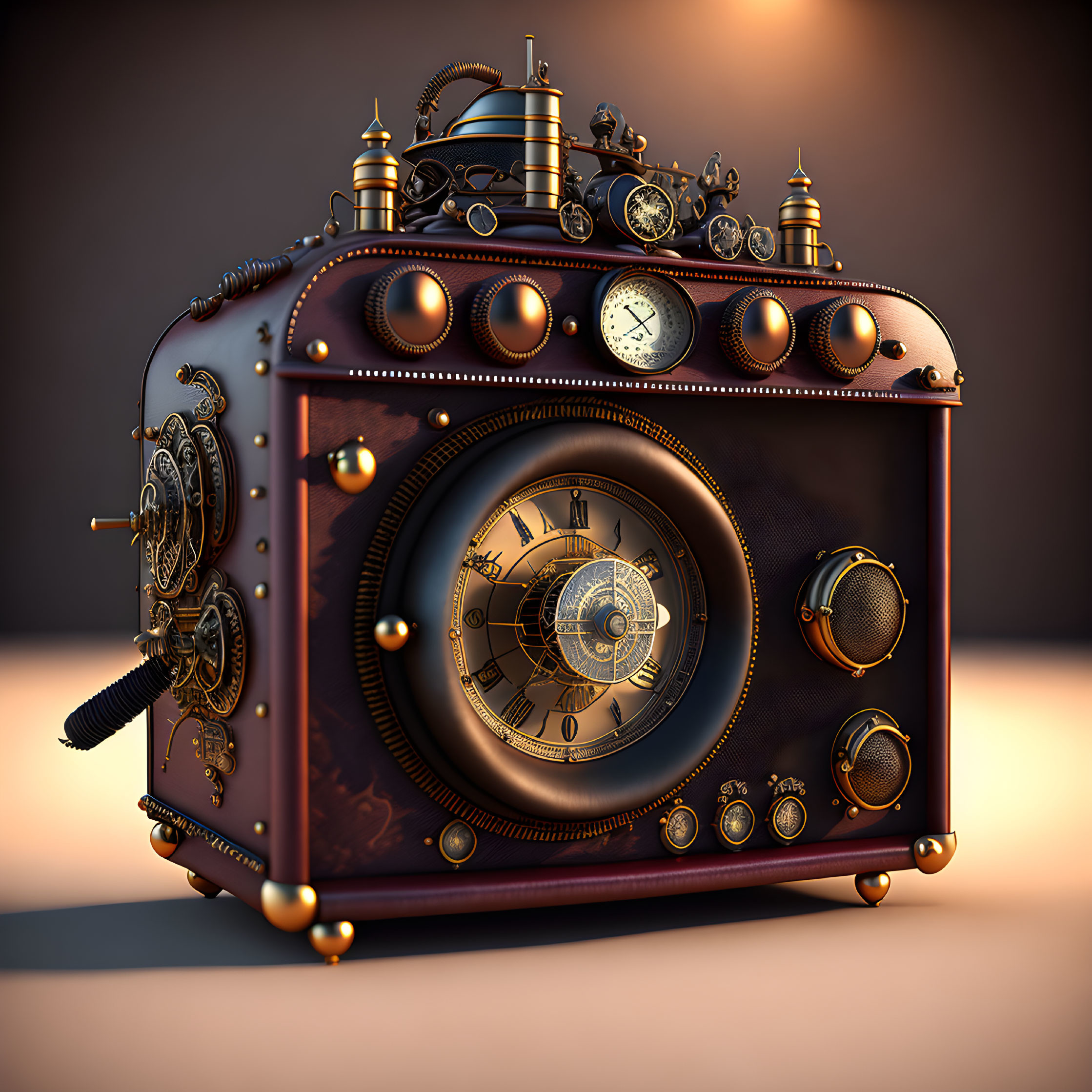 Ornate steampunk device with central clock and brass gears