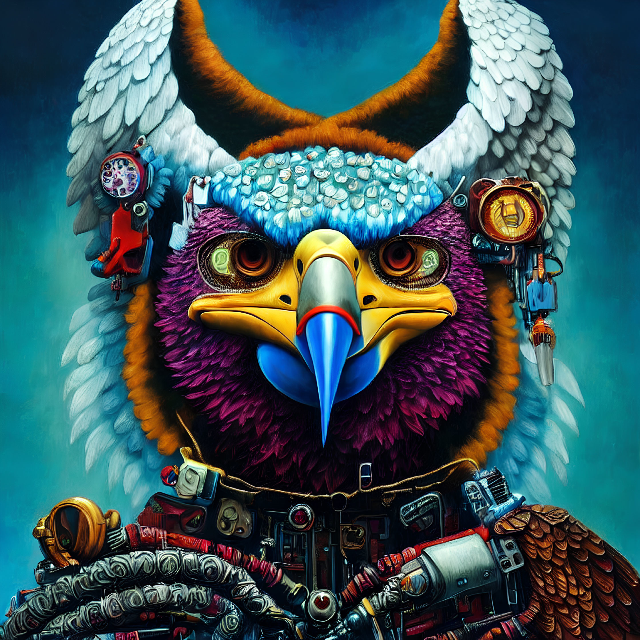 Mechanical eagle art with organic and cybernetic blend on teal background