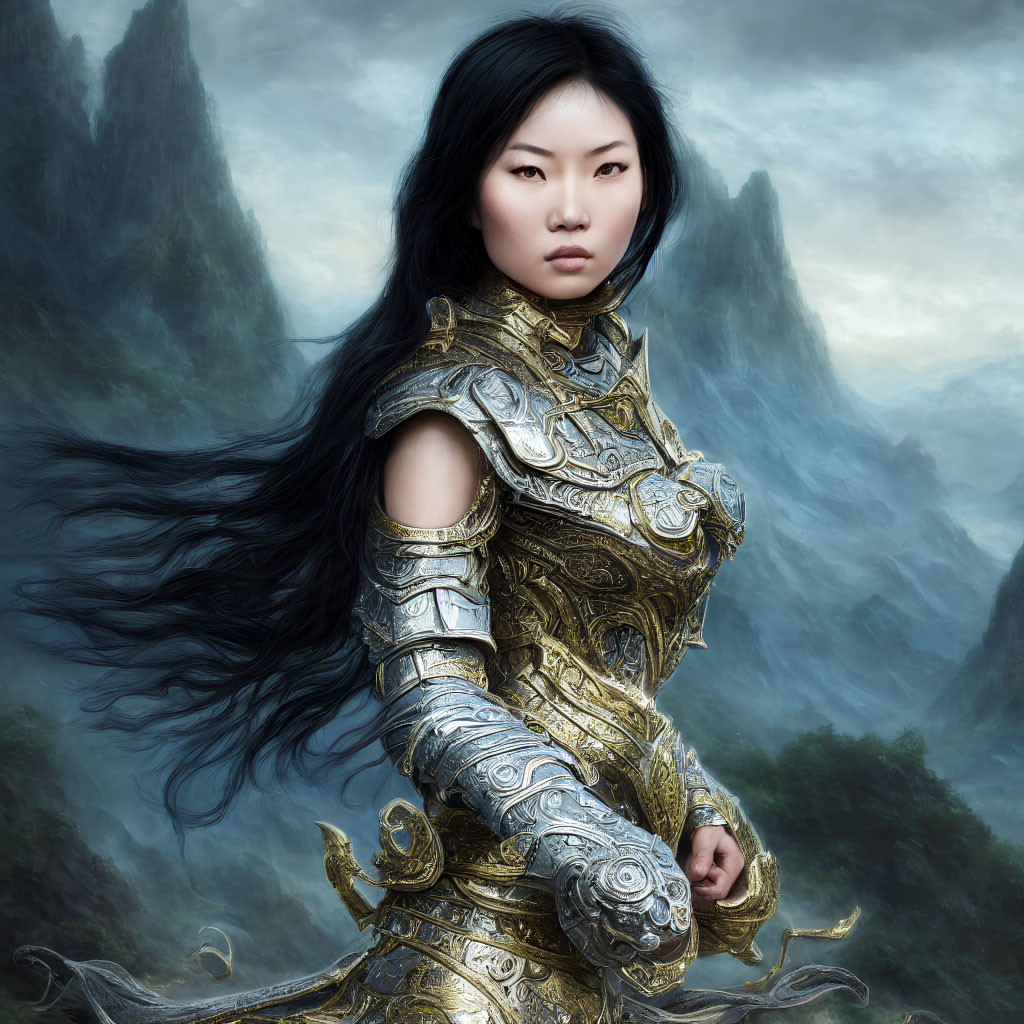 Asian warrior woman in silver and gold armor against misty mountains