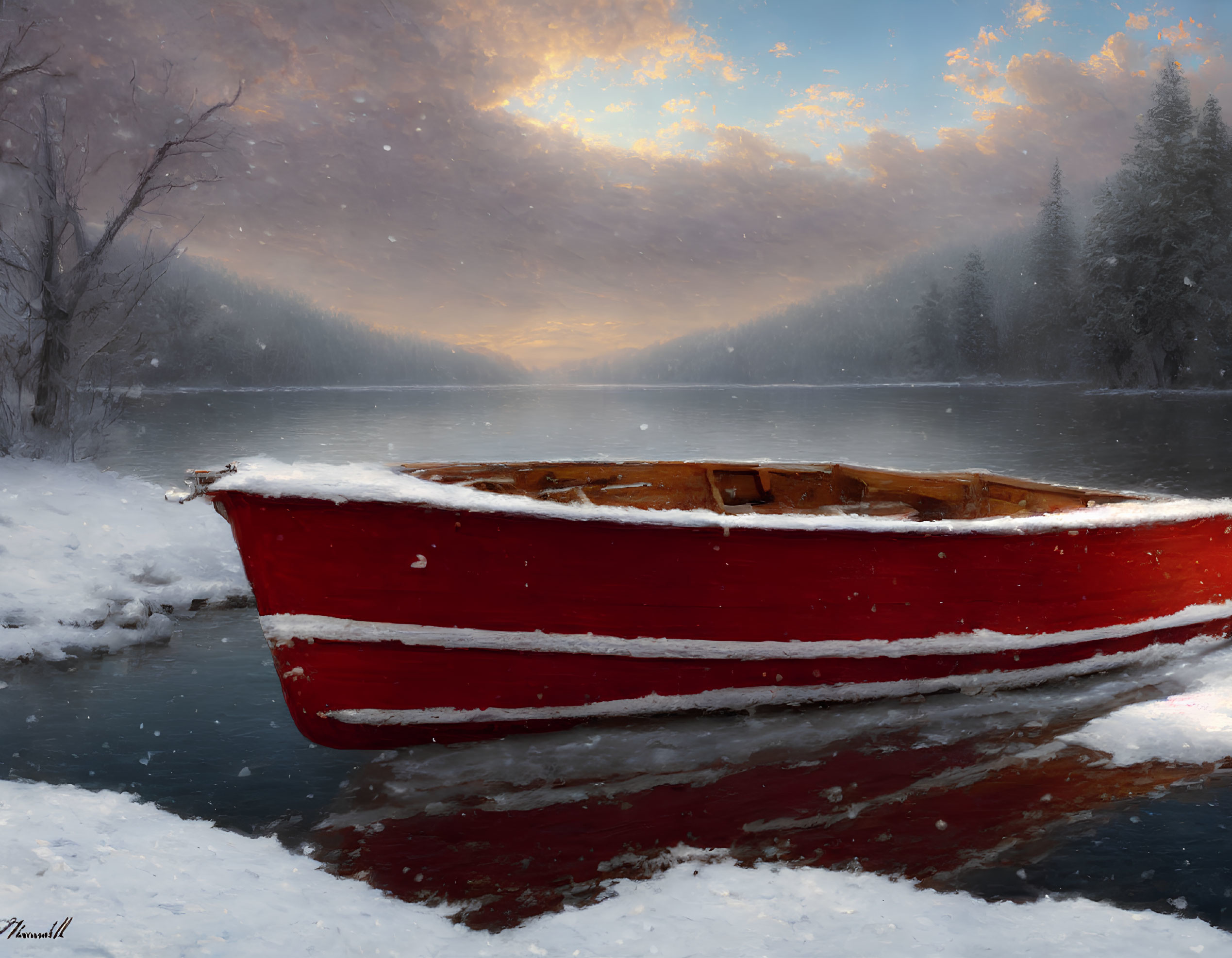 Red boat on snowy riverbank under dramatic sky at sunrise or sunset