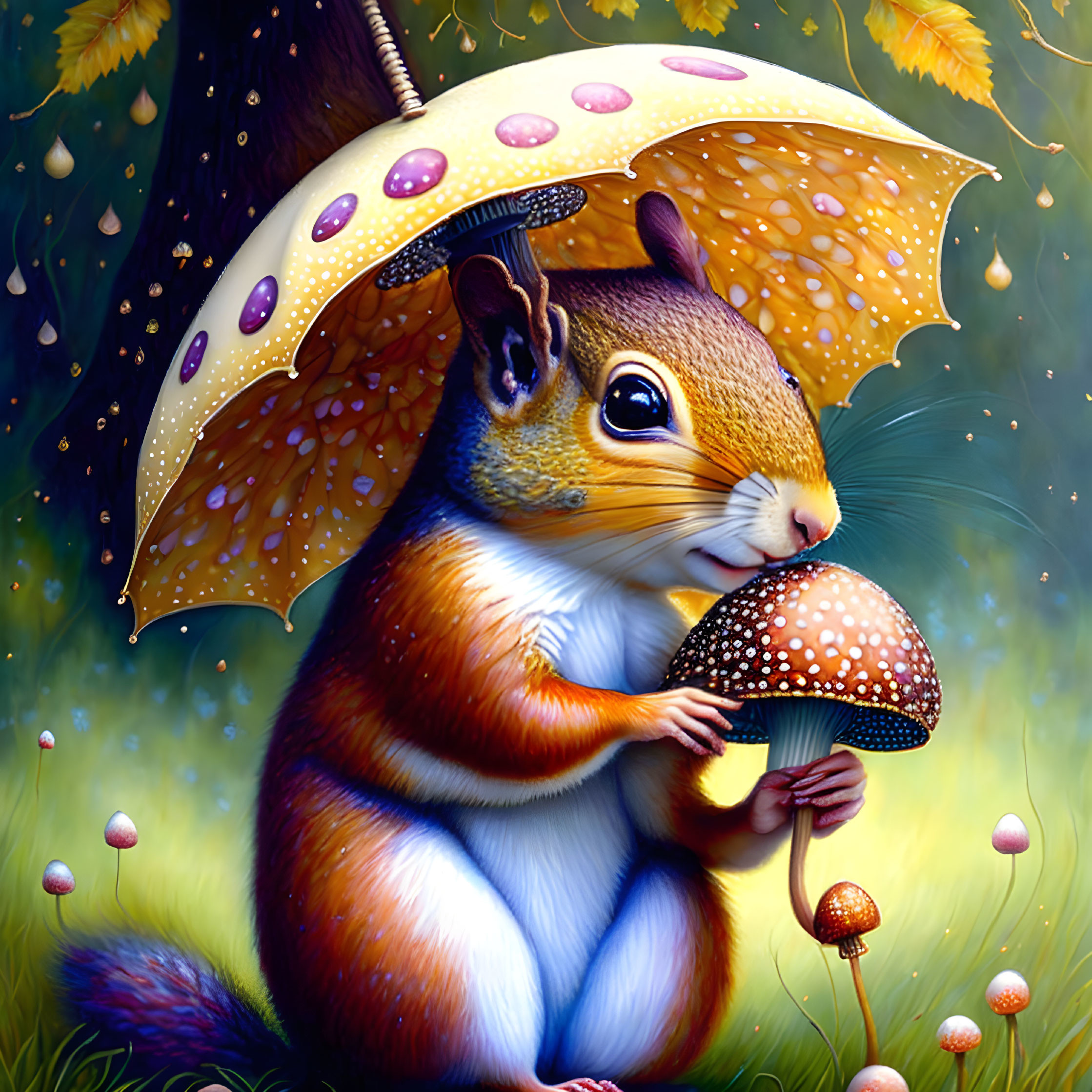 Detailed Illustration of Squirrel with Mushroom under Leaf Umbrella in Rainy Setting