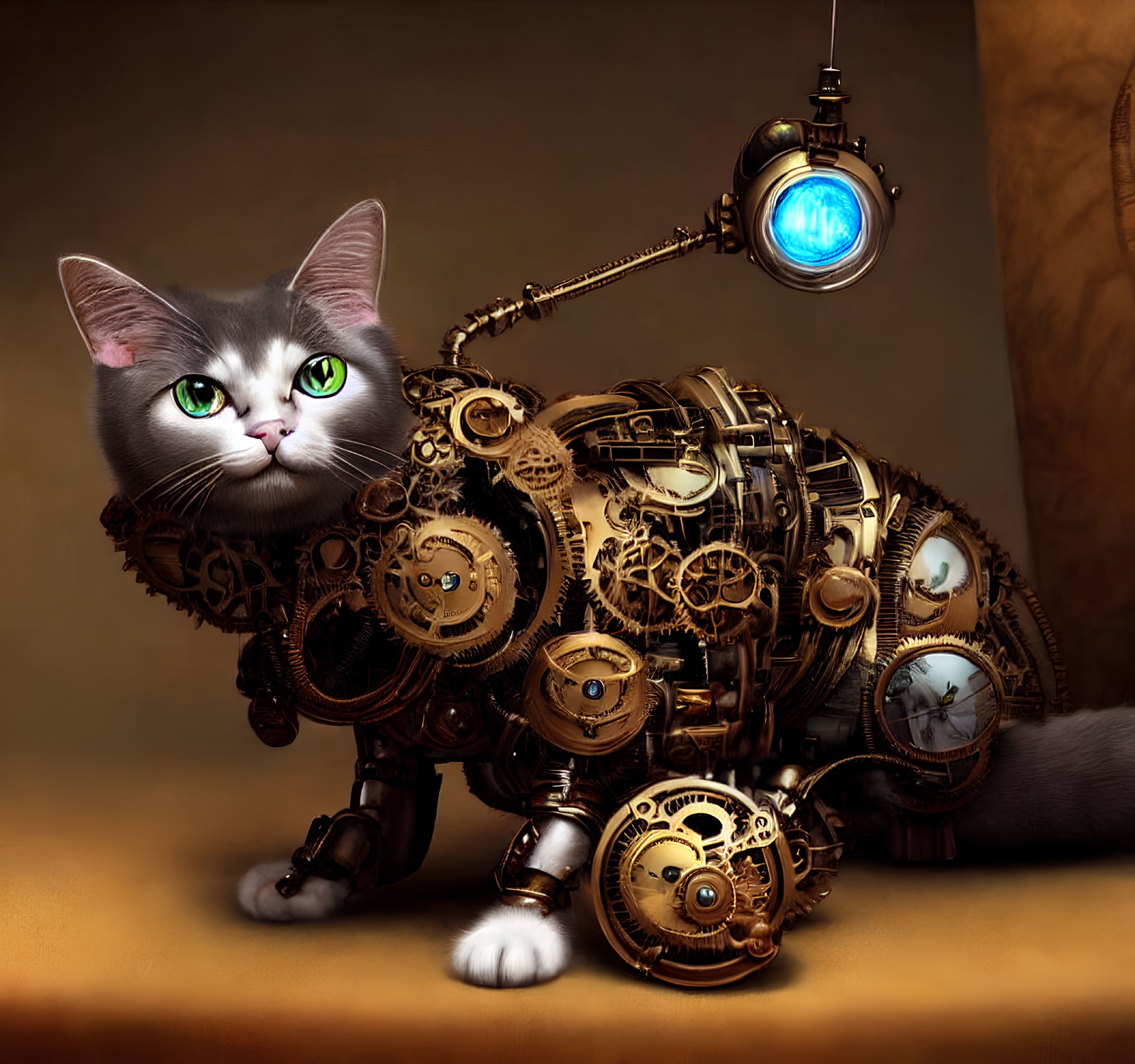 Steampunk-inspired cat digital artwork with mechanical body and clock details