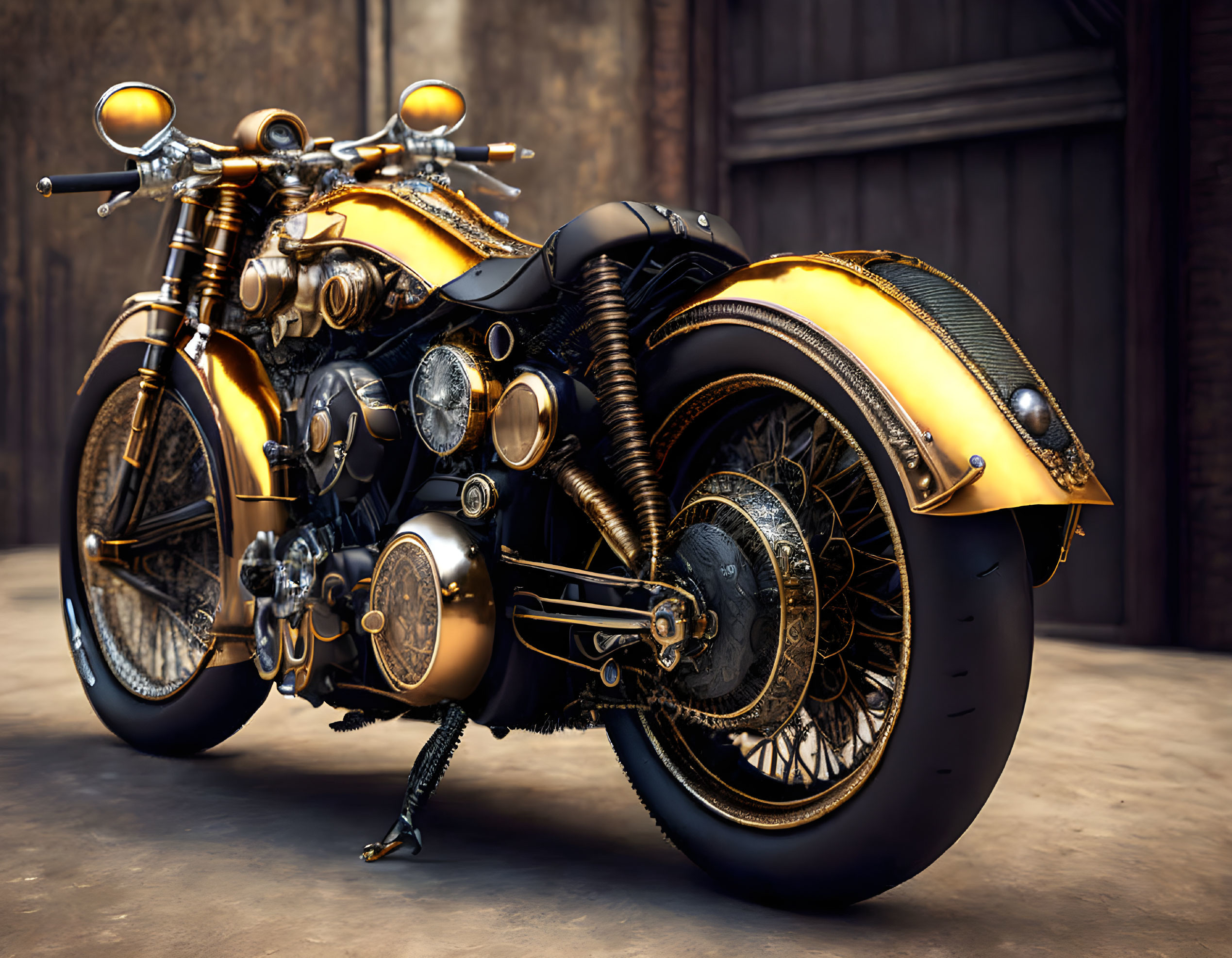 Vintage Motorcycle with Gold and Black Finish in Rustic Setting