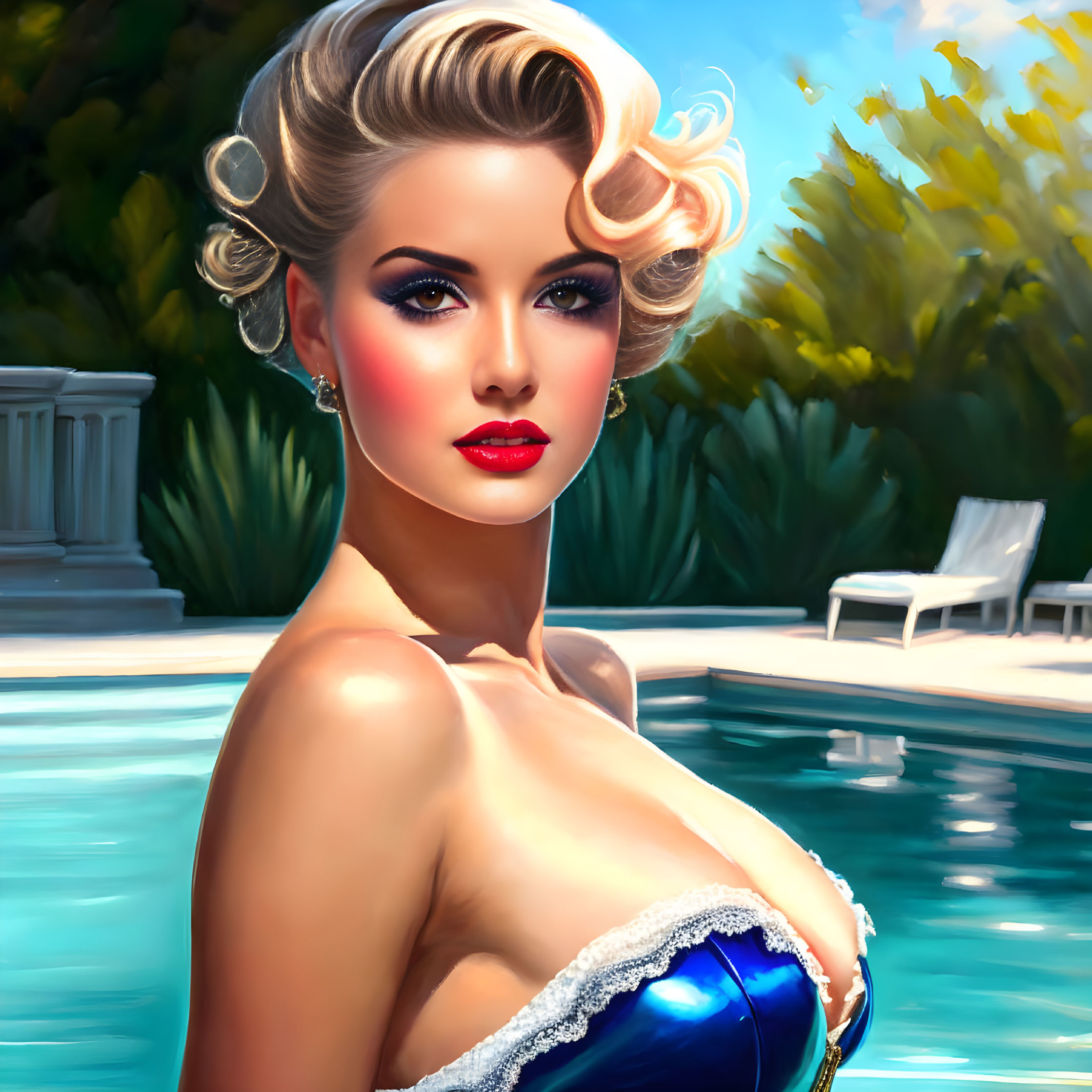 Vintage Glam Woman in Blue Swimwear by Pool