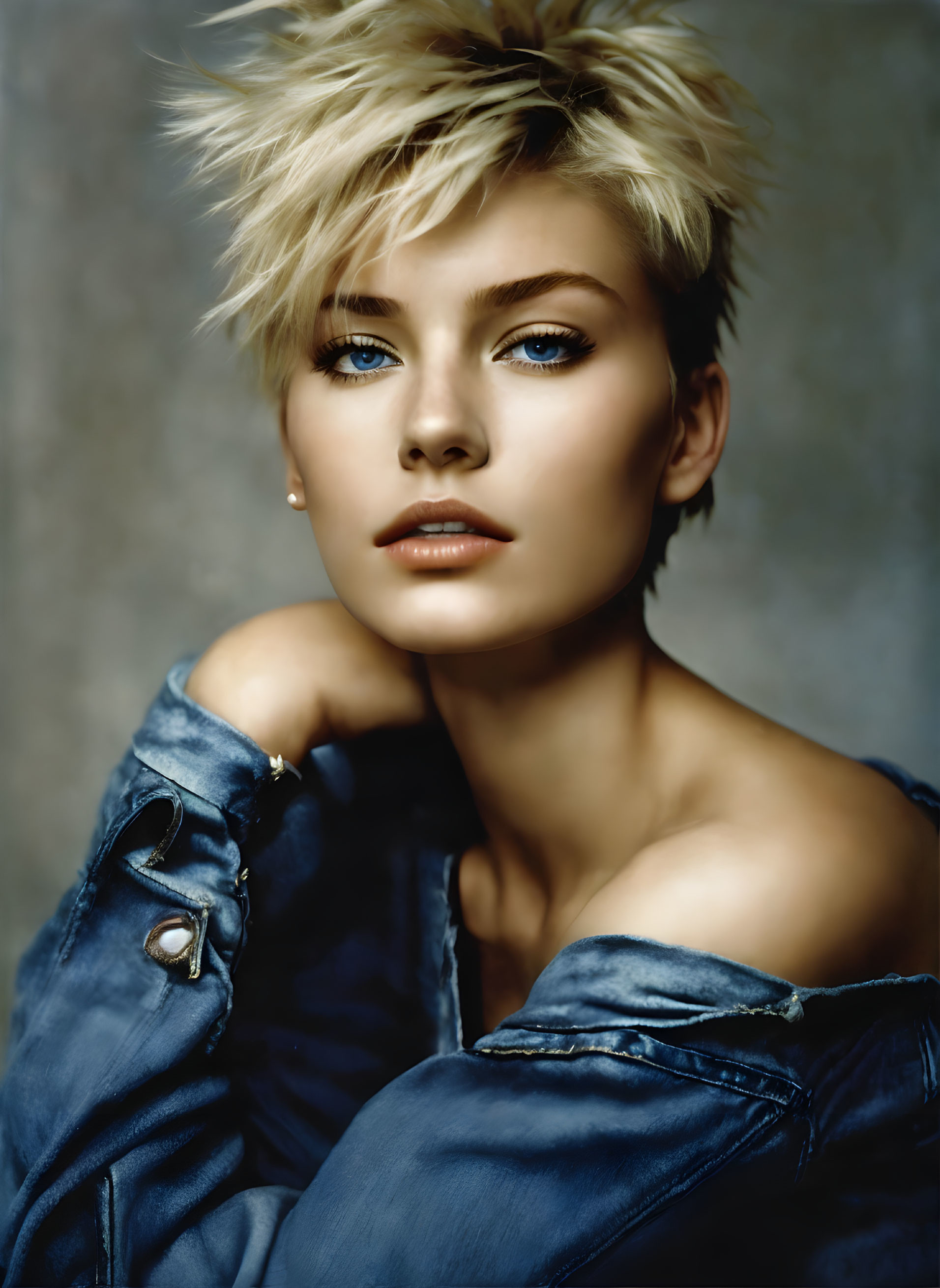 Blond-haired woman in denim jacket with blue eyes portrait