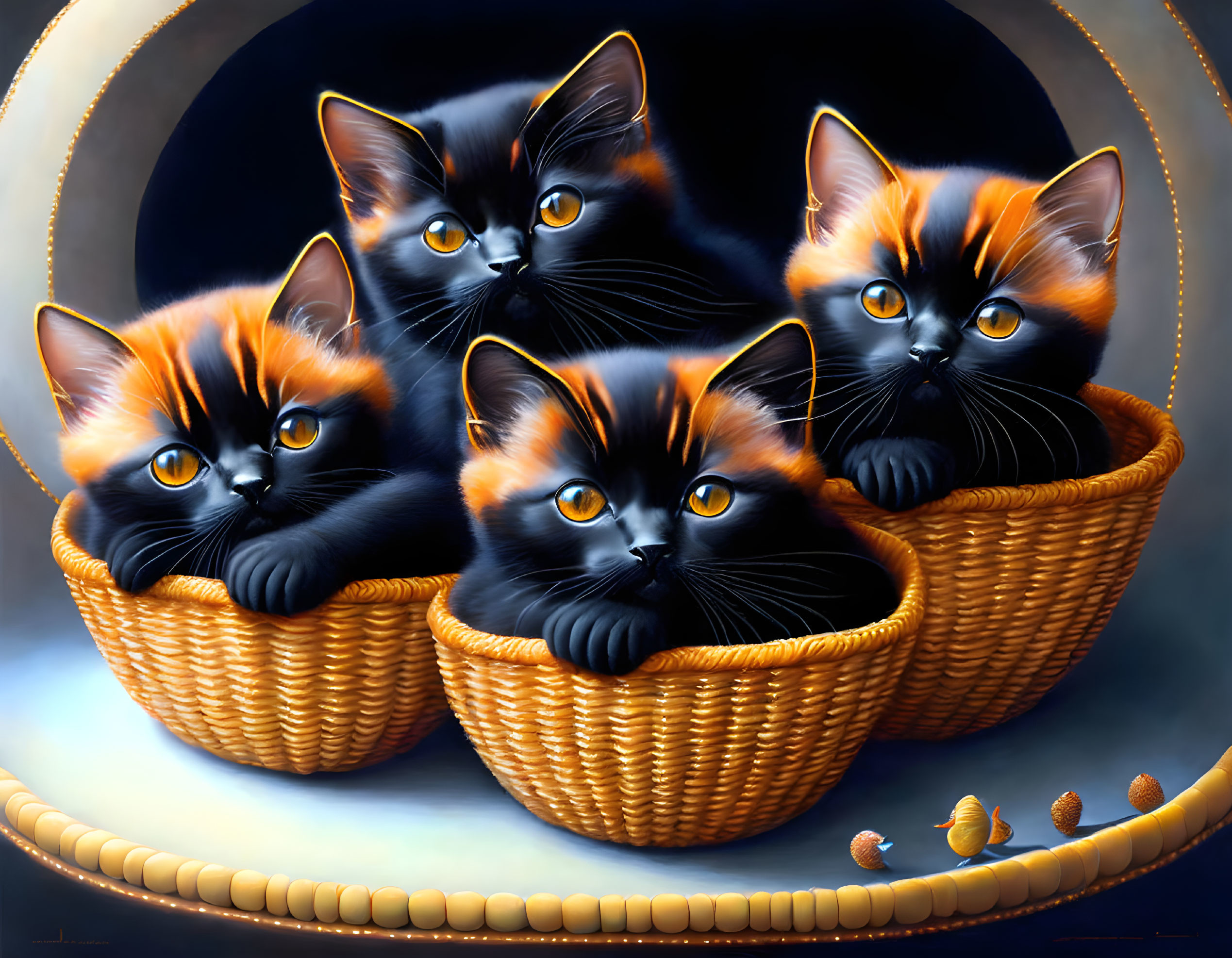 Four Black and Orange Kittens in Wicker Baskets on Reflective Surface