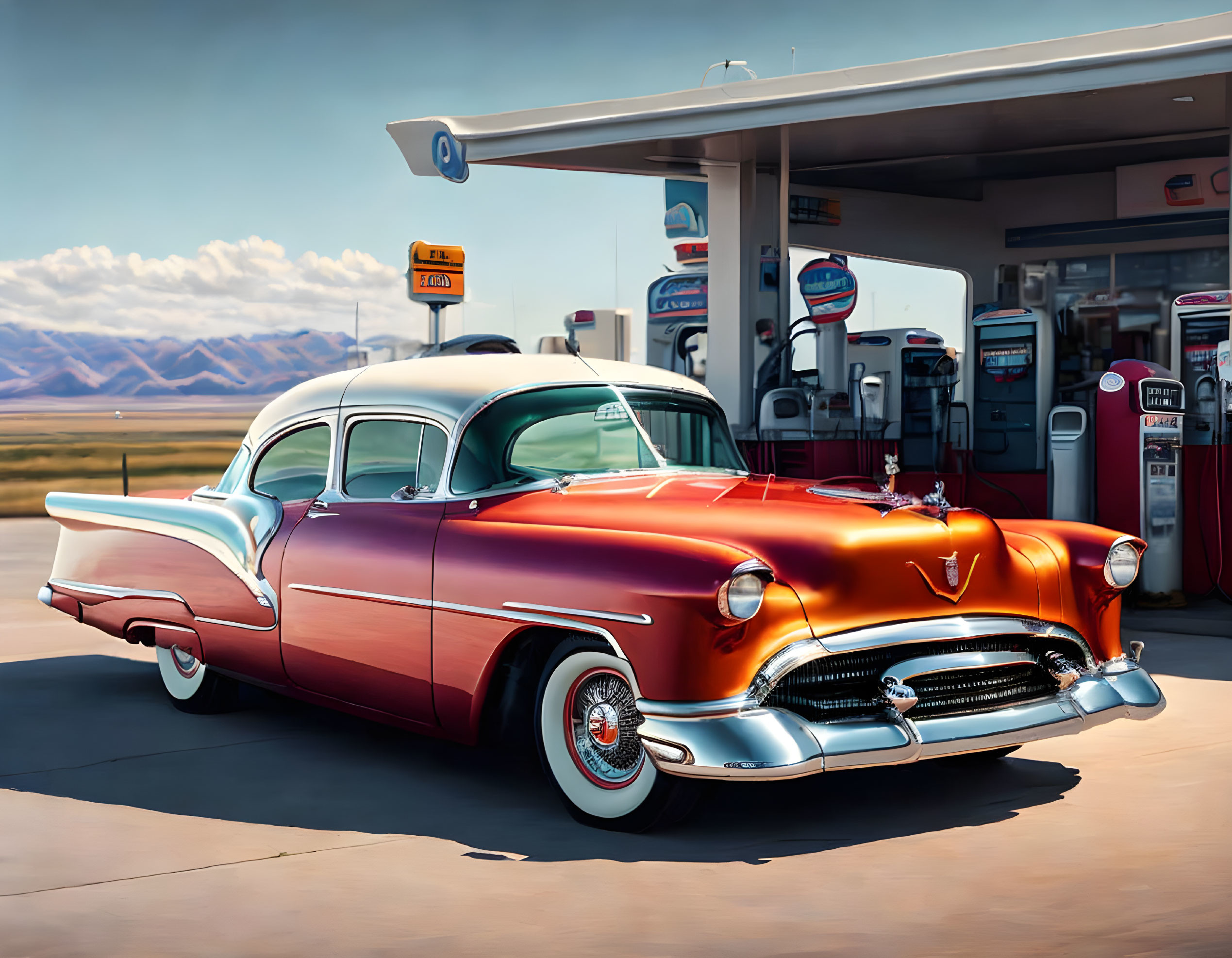 Vintage red and white car at old gas station under blue skies