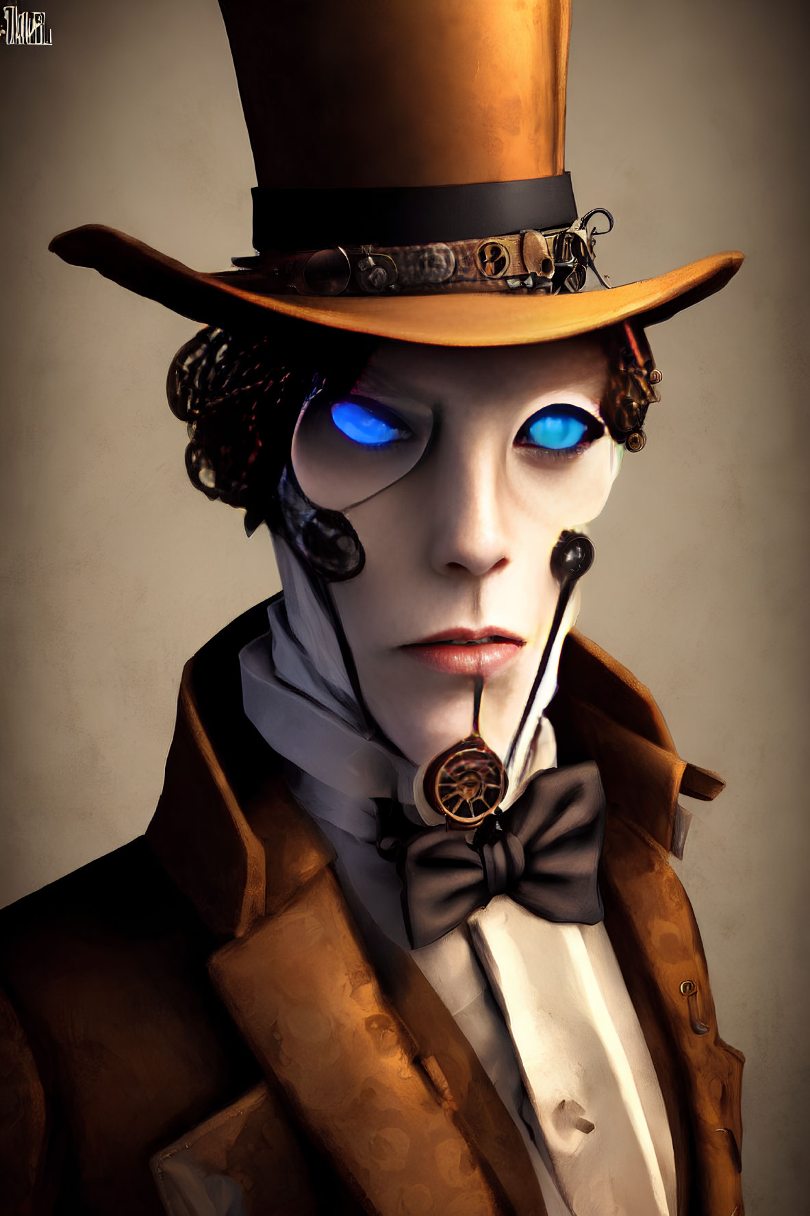 Steampunk-inspired portrait with person in top hat and glowing blue eyes