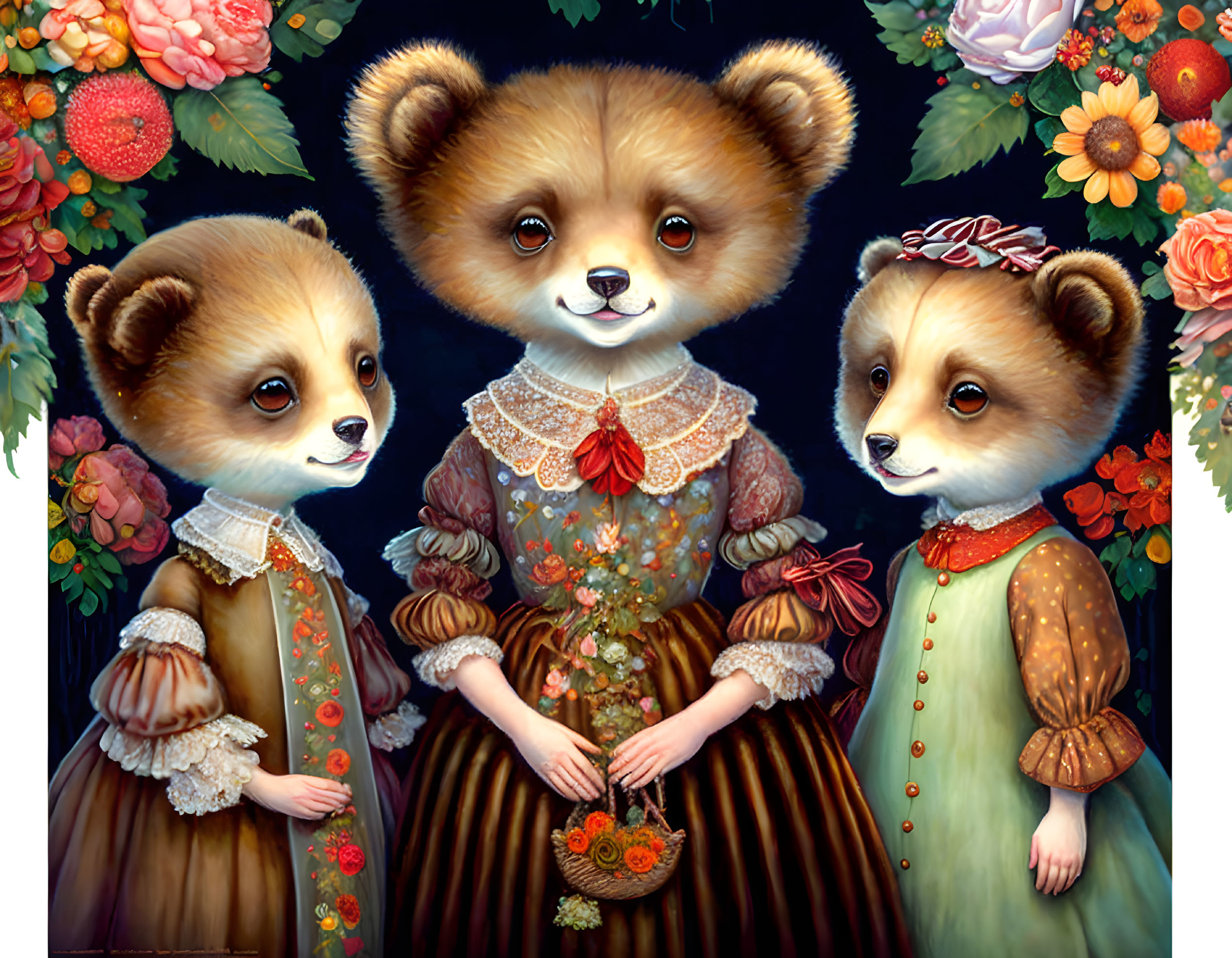 Anthropomorphic raccoons in vintage attire with vibrant flowers