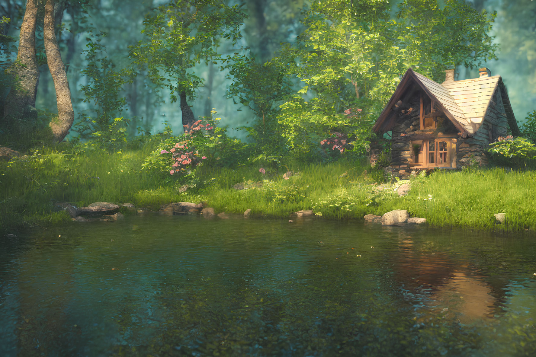 Tranquil woodland scene with cabin, pond, trees, and flowers