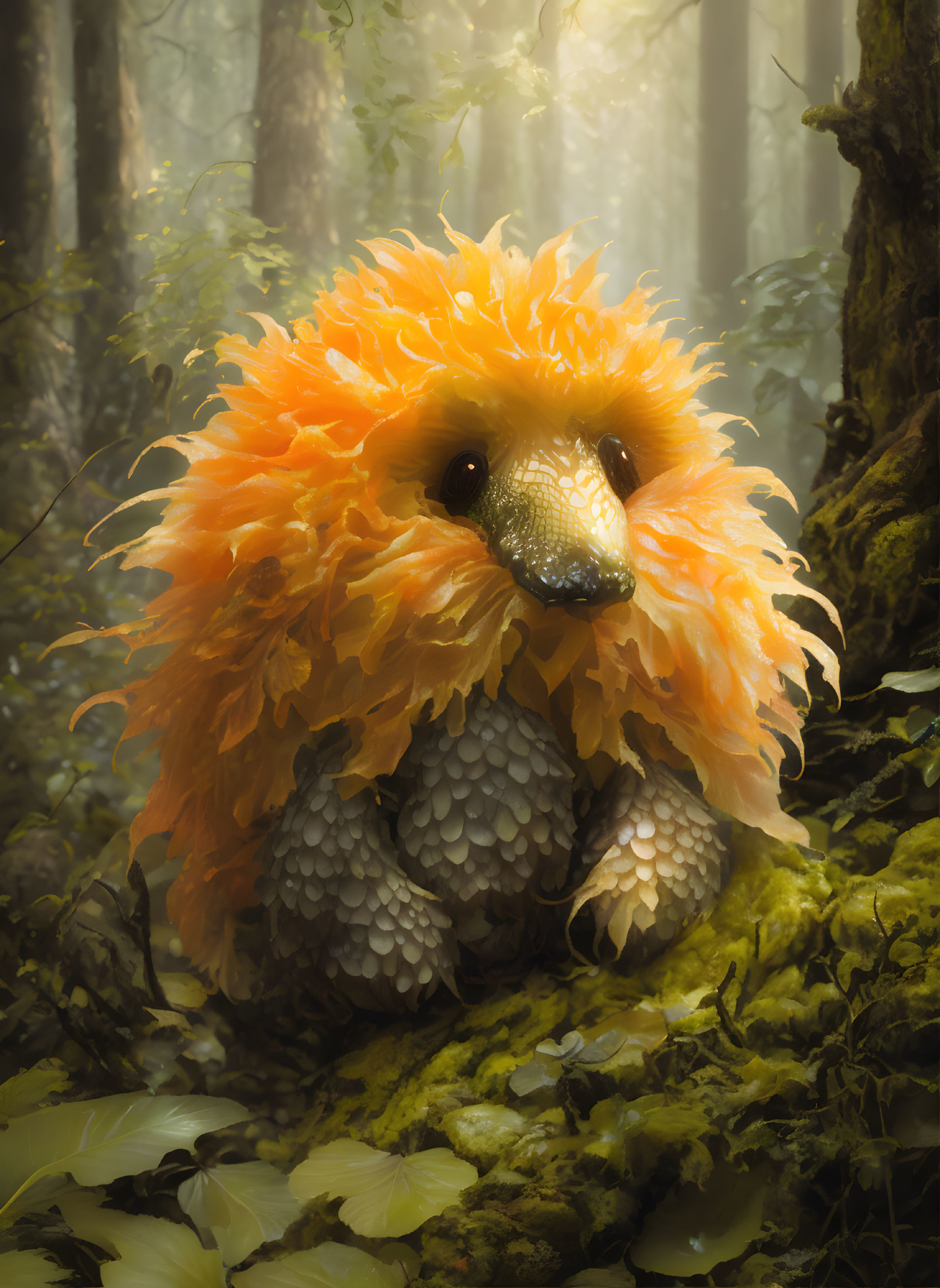 Fluffy orange creature in misty forest setting