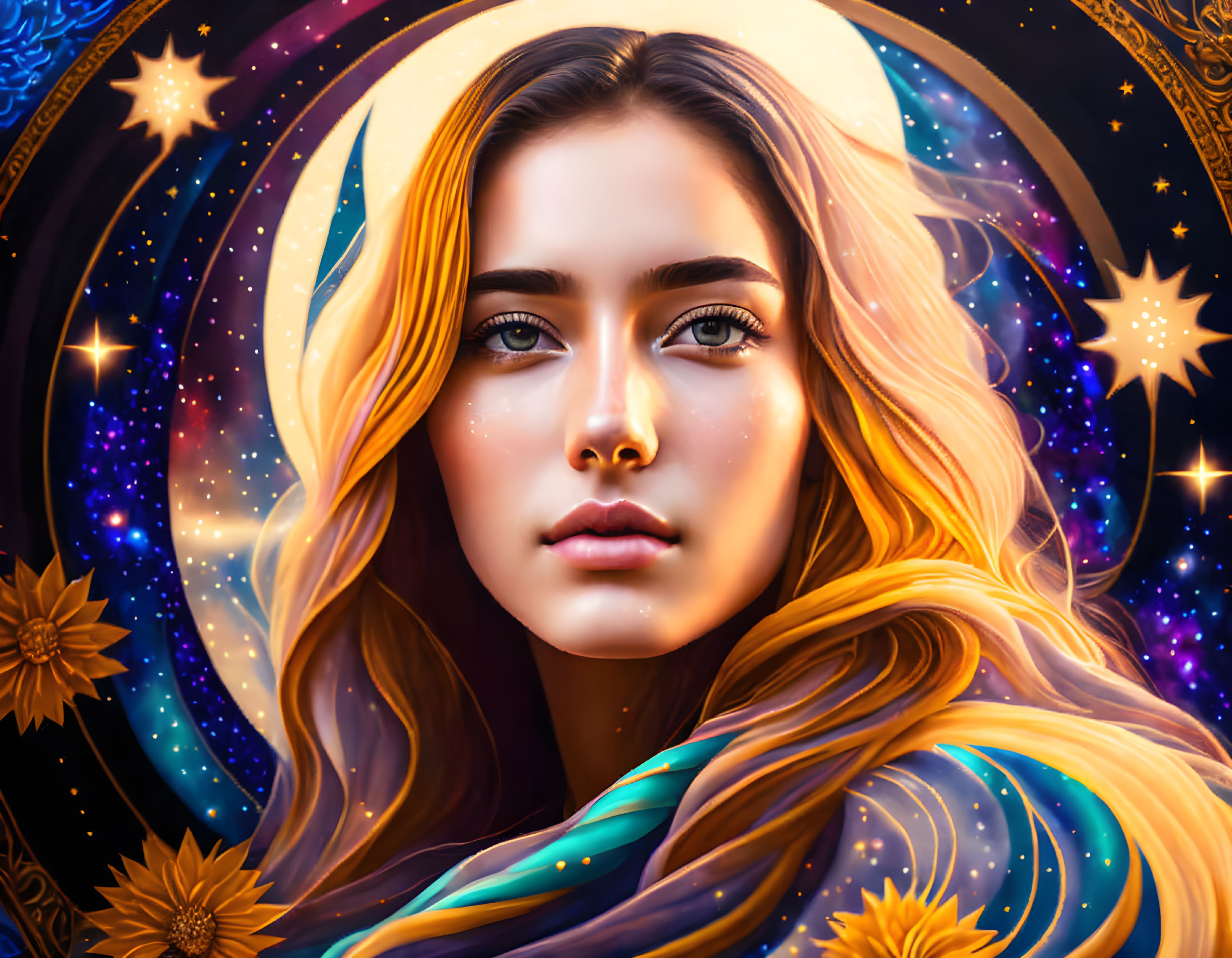 Digital portrait of woman with golden hair in cosmic setting.