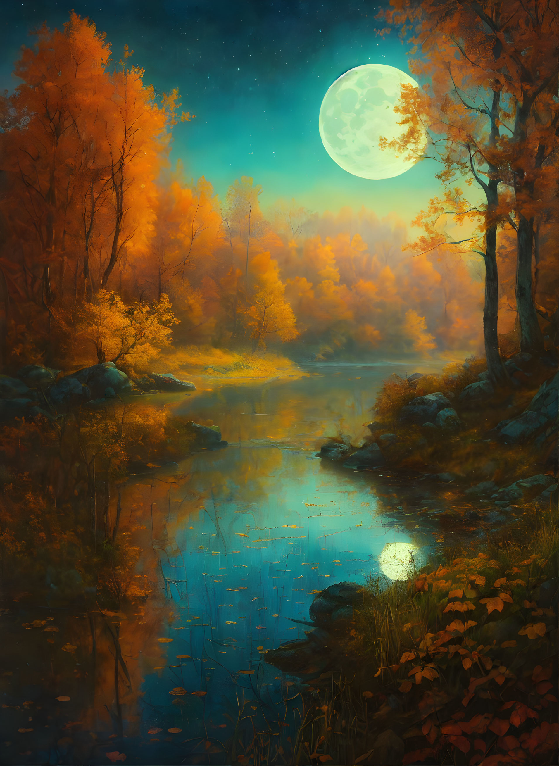 Tranquil autumn river under full moon and starry sky