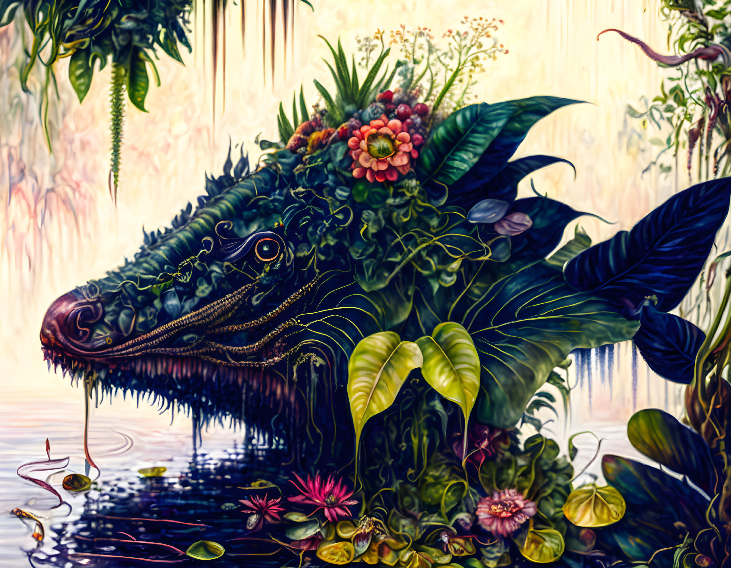 Illustration of mythical creature with dragon-like face surrounded by flowers and leaves on water surface.