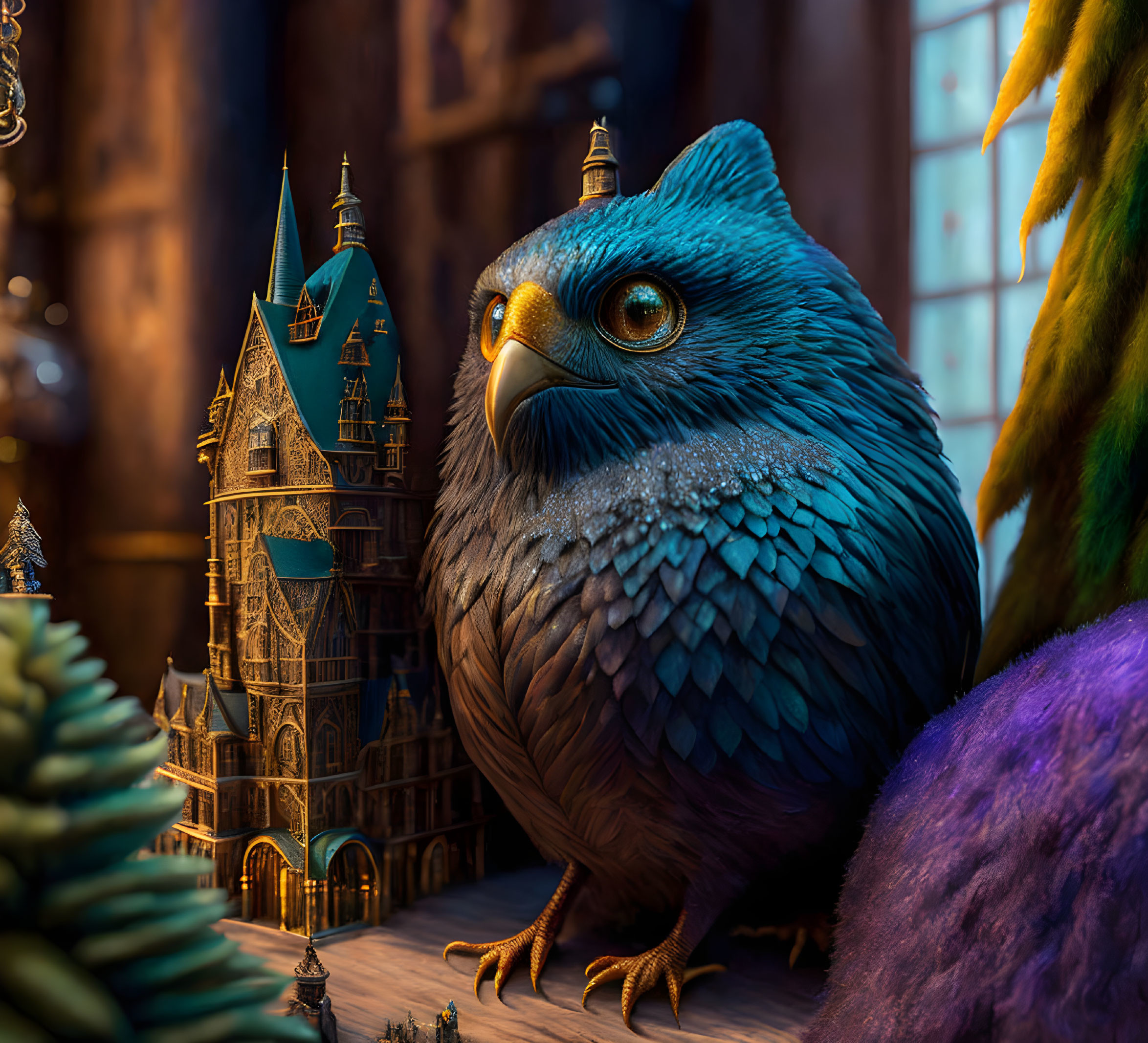 Detailed Blue Owl with Castle in Enchanting Setting