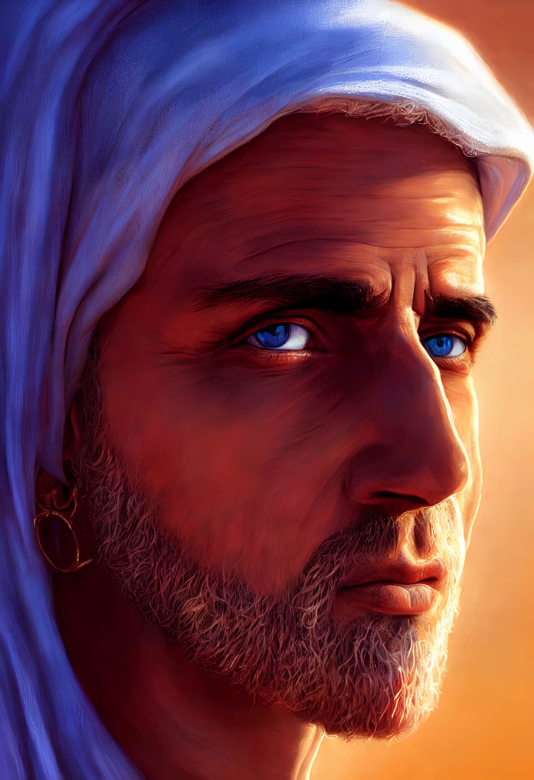 Detailed digital portrait of man with blue eyes, white turban, and hoop earring