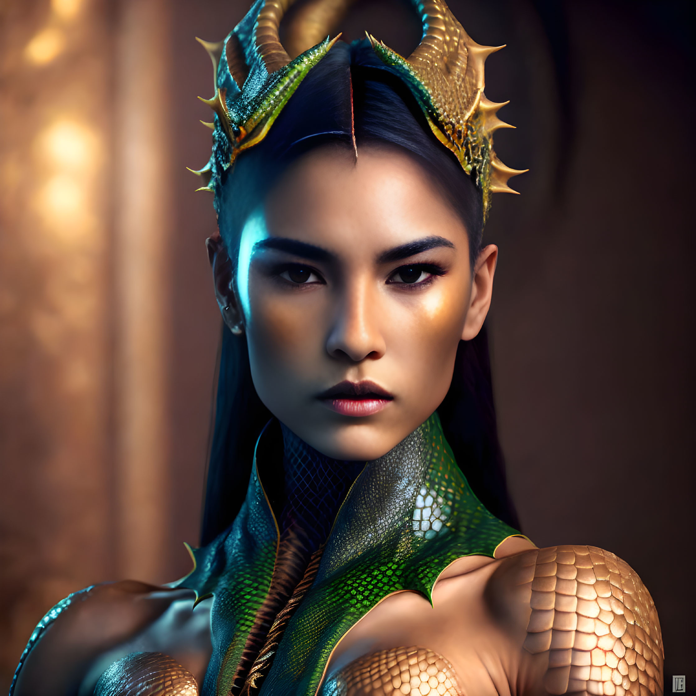Majestic woman in dragon-themed attire exudes power