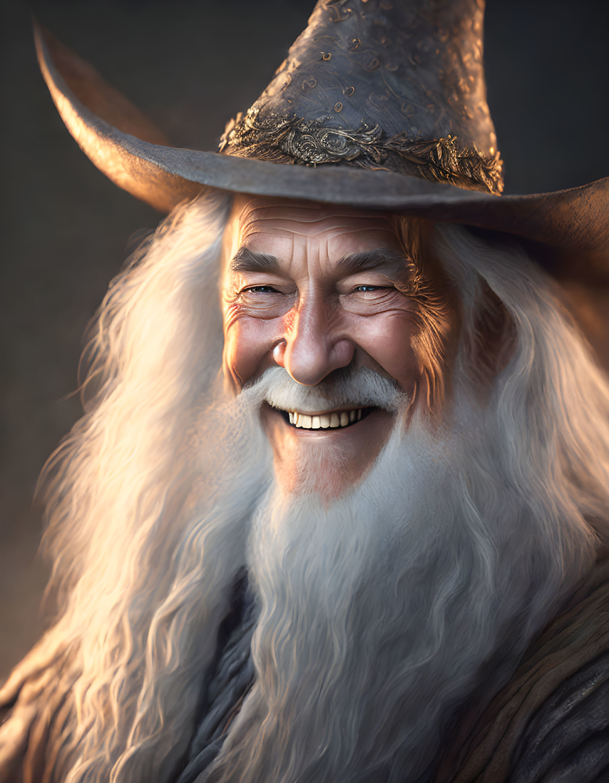 Elderly man with white beard in wizard's hat smiling against dark backdrop