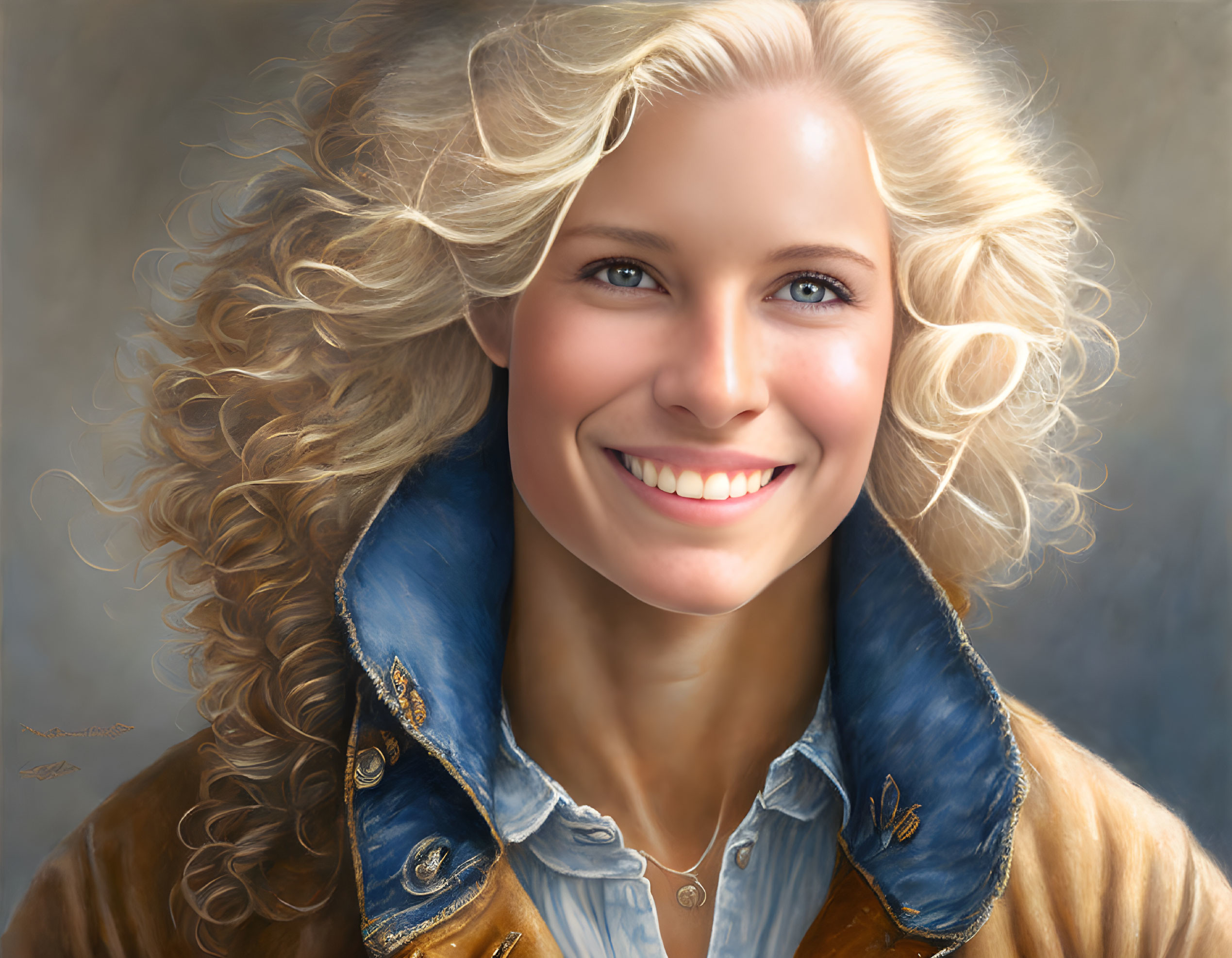 Blonde woman in blue jacket with gold details smiling