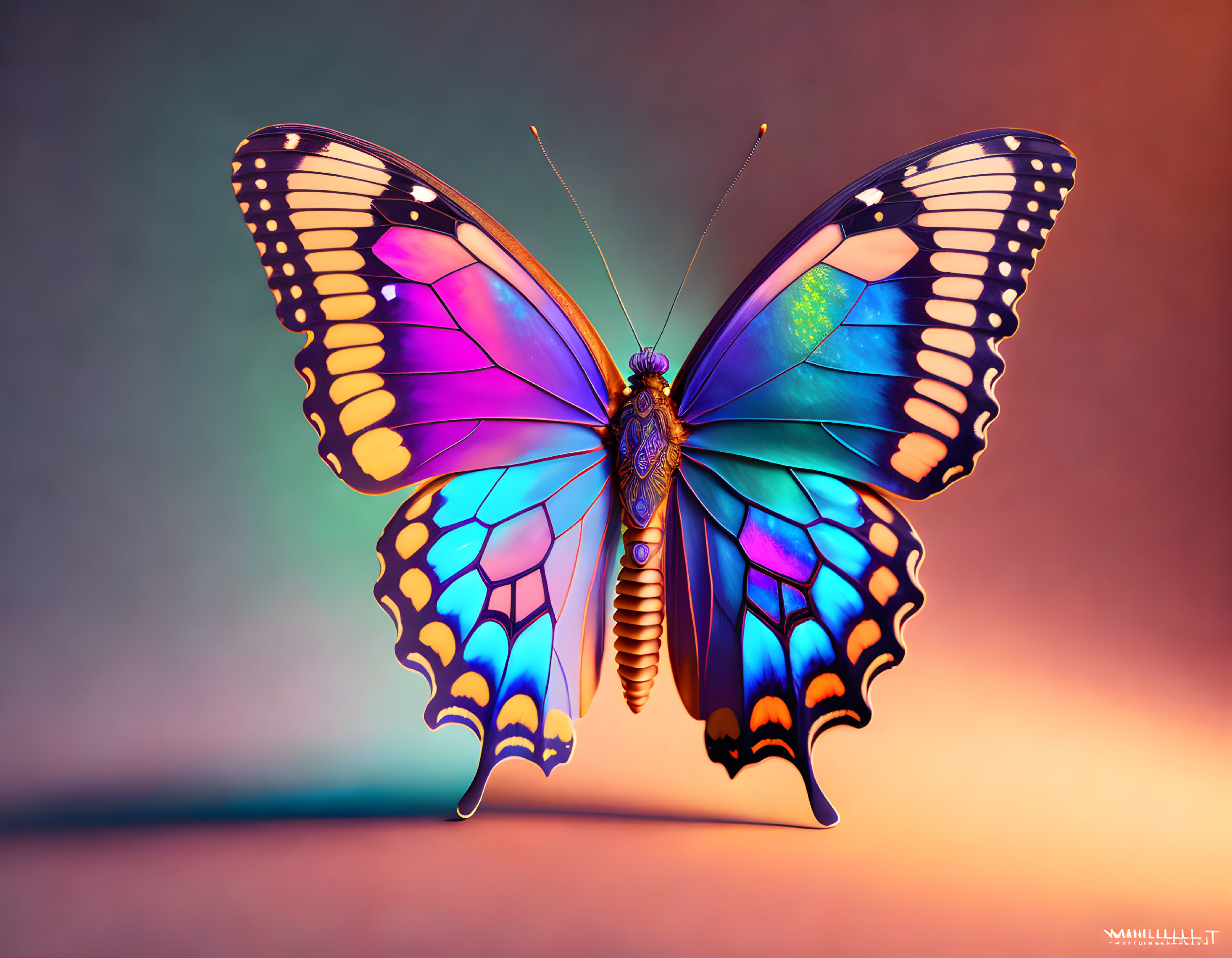 Colorful Butterfly Illustration with Purple, Blue, and Orange Wings