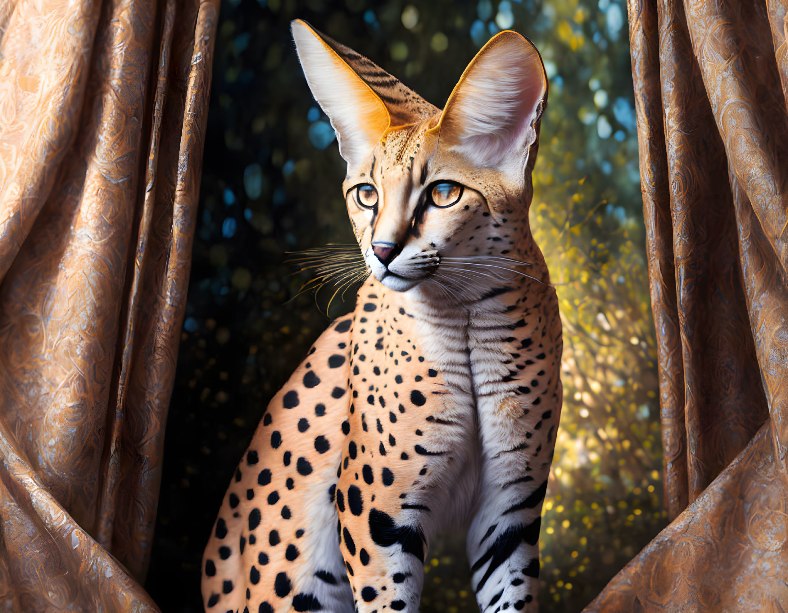 Majestic serval cat peeking through golden curtains