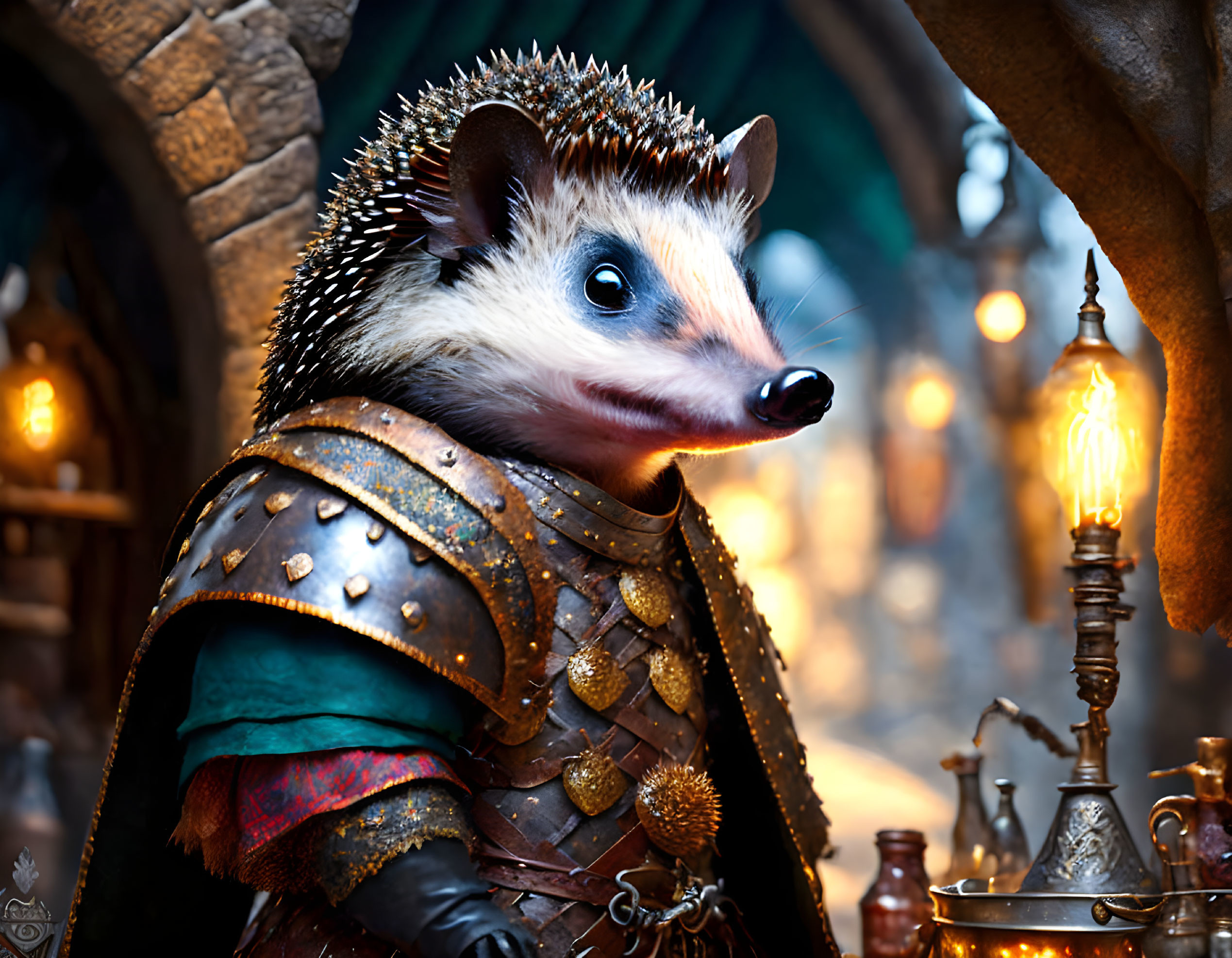 Anthropomorphic hedgehog in medieval armor in dimly lit tavern