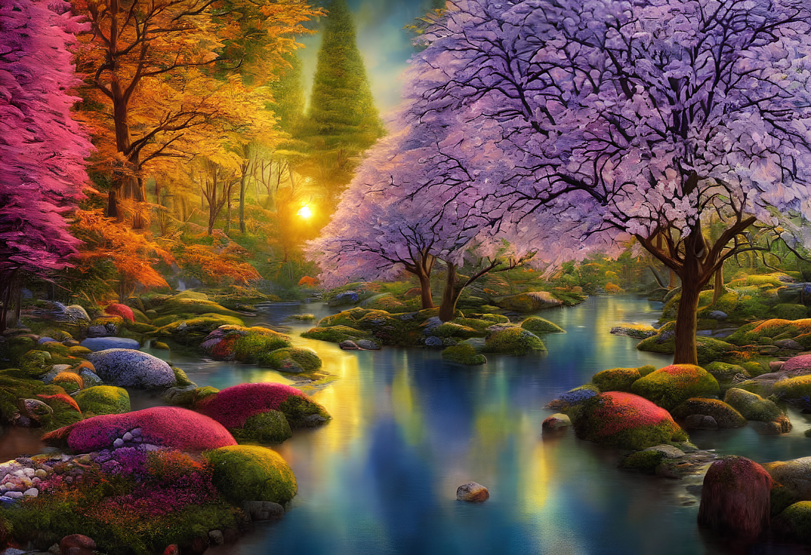 Colorful forest scene with pink and purple trees, serene river, moss-covered stones, and warm sunrise